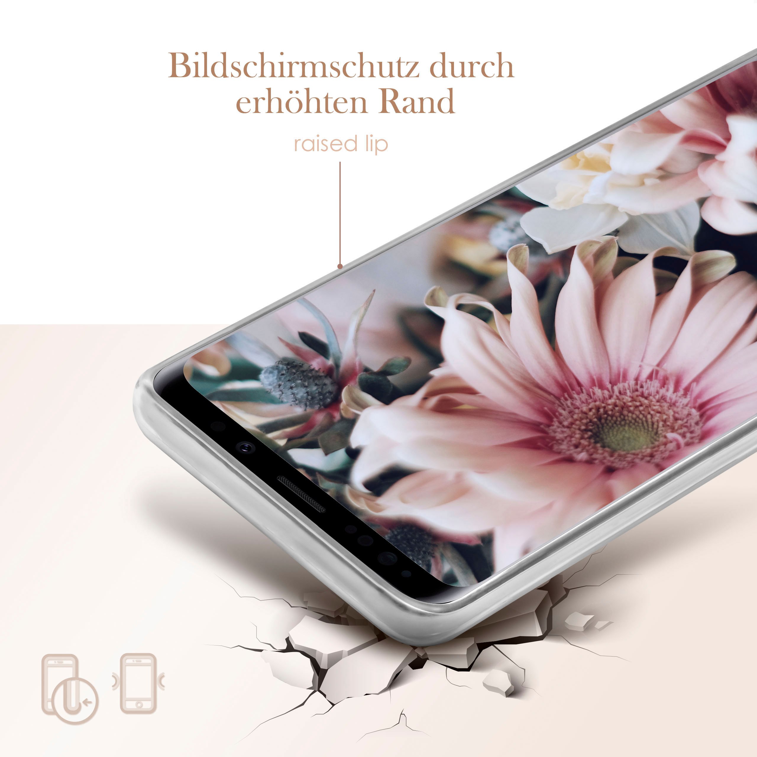 Telefondisplay mit Blumen, erhöhtes Lippen-Design schützt den Bildschirm.