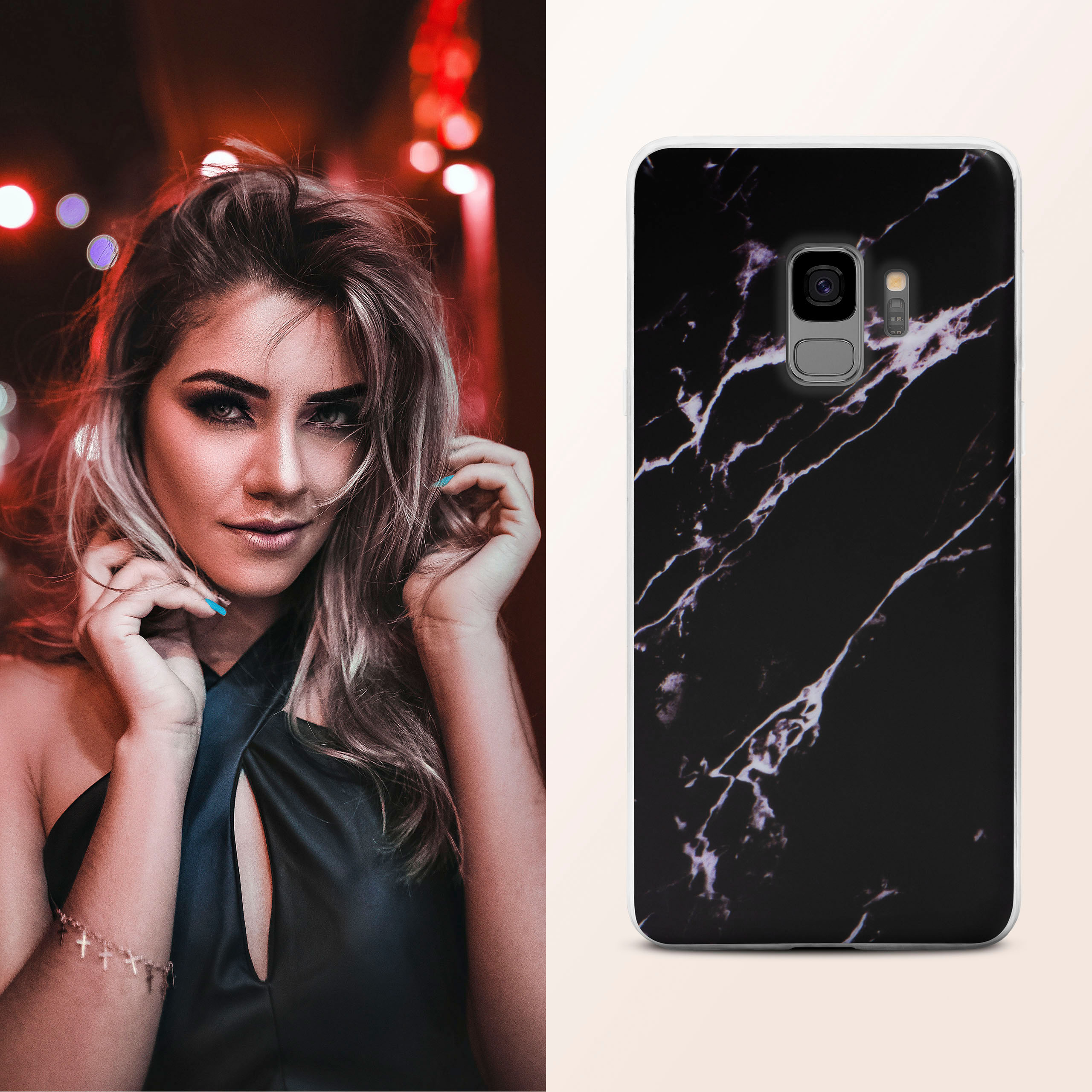 Frau mit schwarzer Marmor-Handyhülle, hält Telefon. Roter Hintergrund.