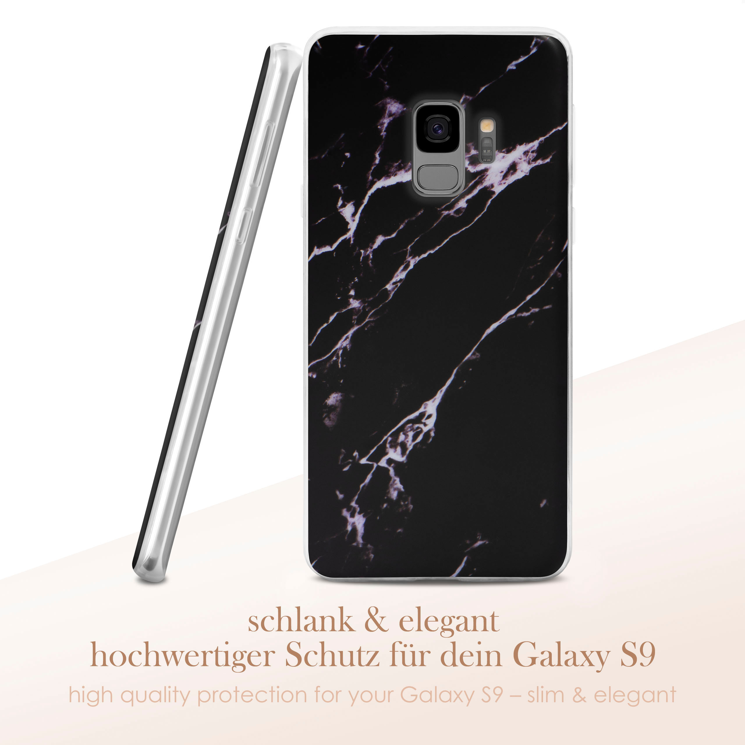 Ein Telefon mit Marmordesign wird neben dem Telefon ausgestellt, darunter Text.
