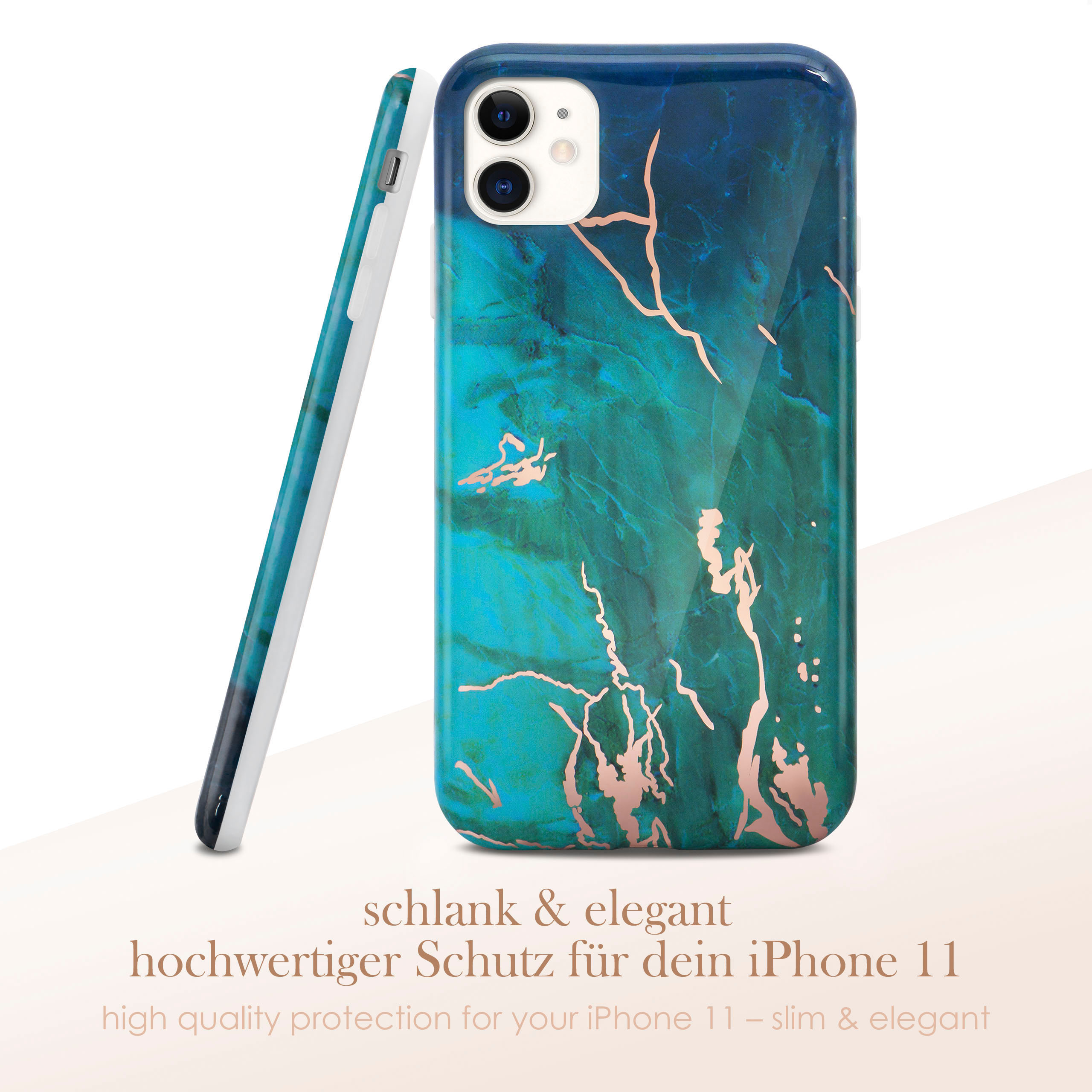 Eine Handyhülle mit blau-grünem Marmormuster und weißer Abdeckung. Text sagt 'schlicht & elegant'.