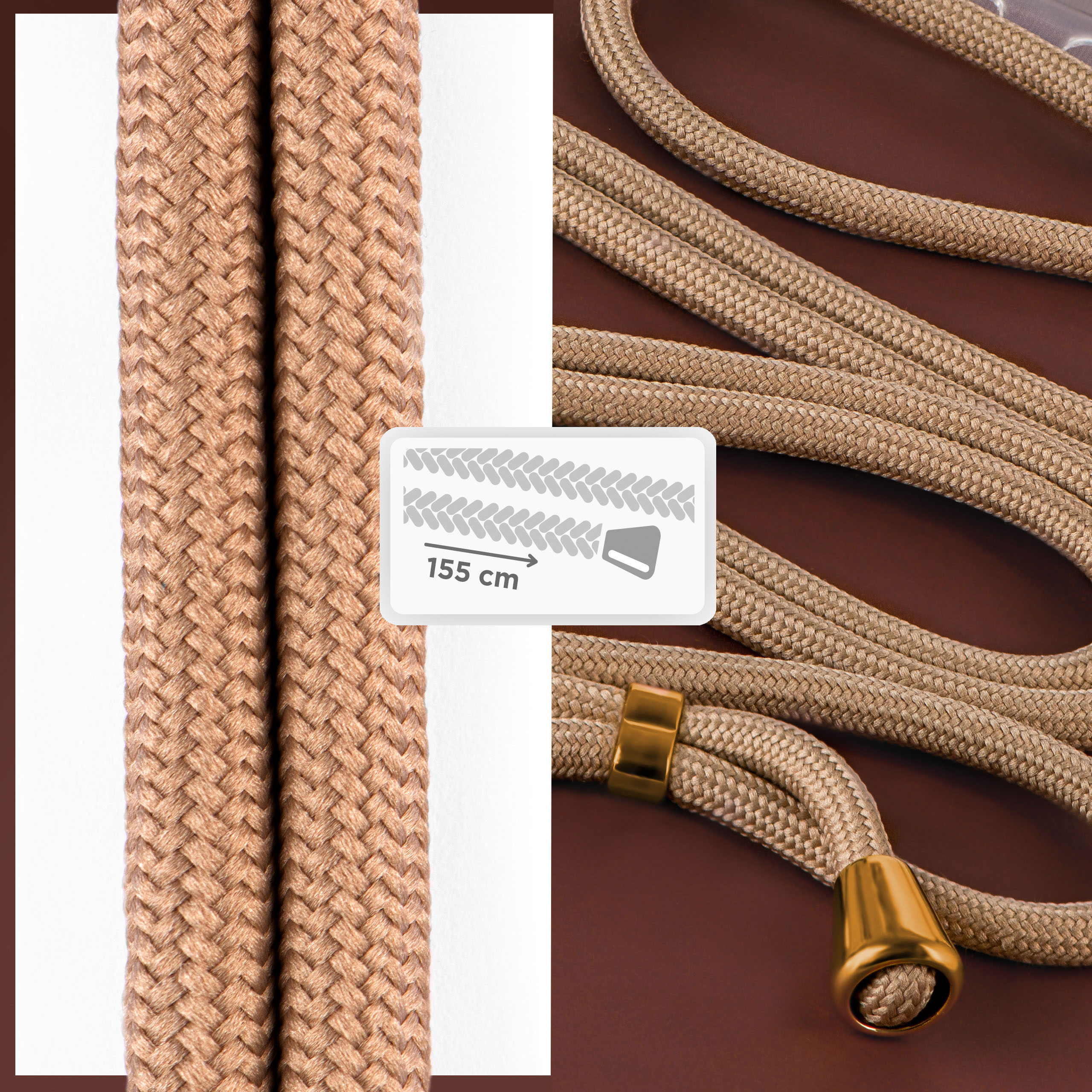 Nahaufnahme eines beigefarbenen Handybandes. Geflochtenes Band mit goldenen Enden. 155 cm.
