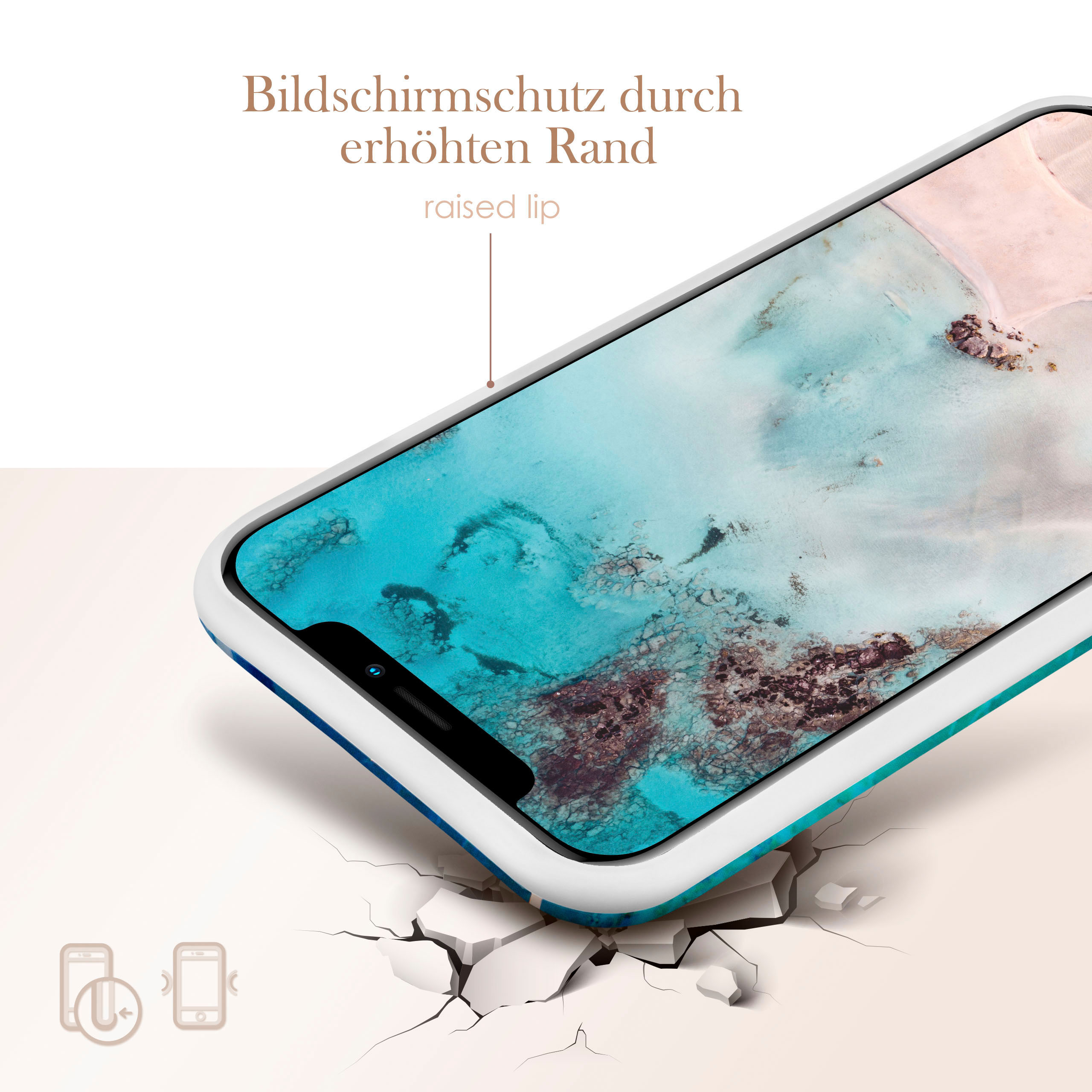 Handyhülle mit blauem und türkisfarbenem Design, rissiger Boden. Text: erhöhte Lippe, Bildschirmschutz.