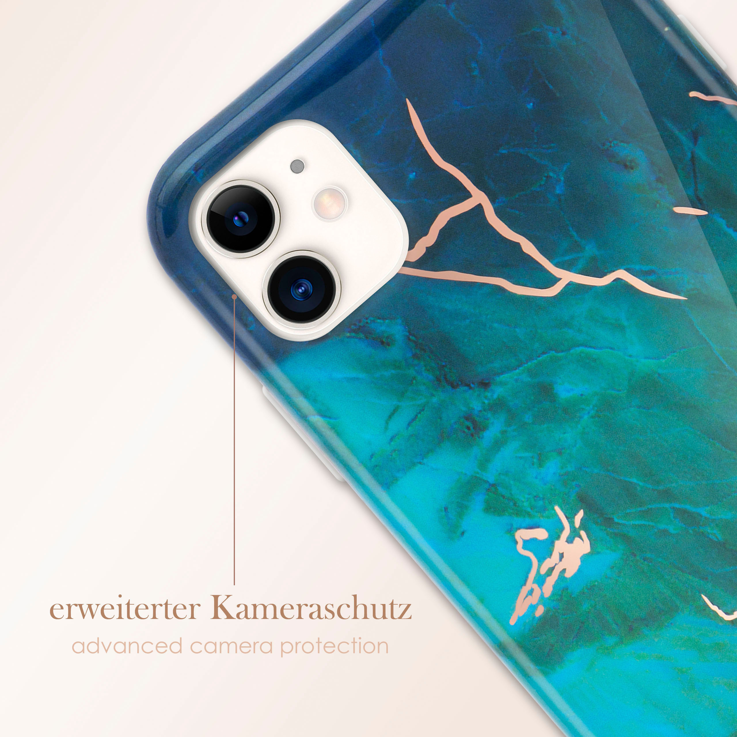 Blau-grüne Marmor-Handyhülle. Text: erweiterter Kameraschutz.