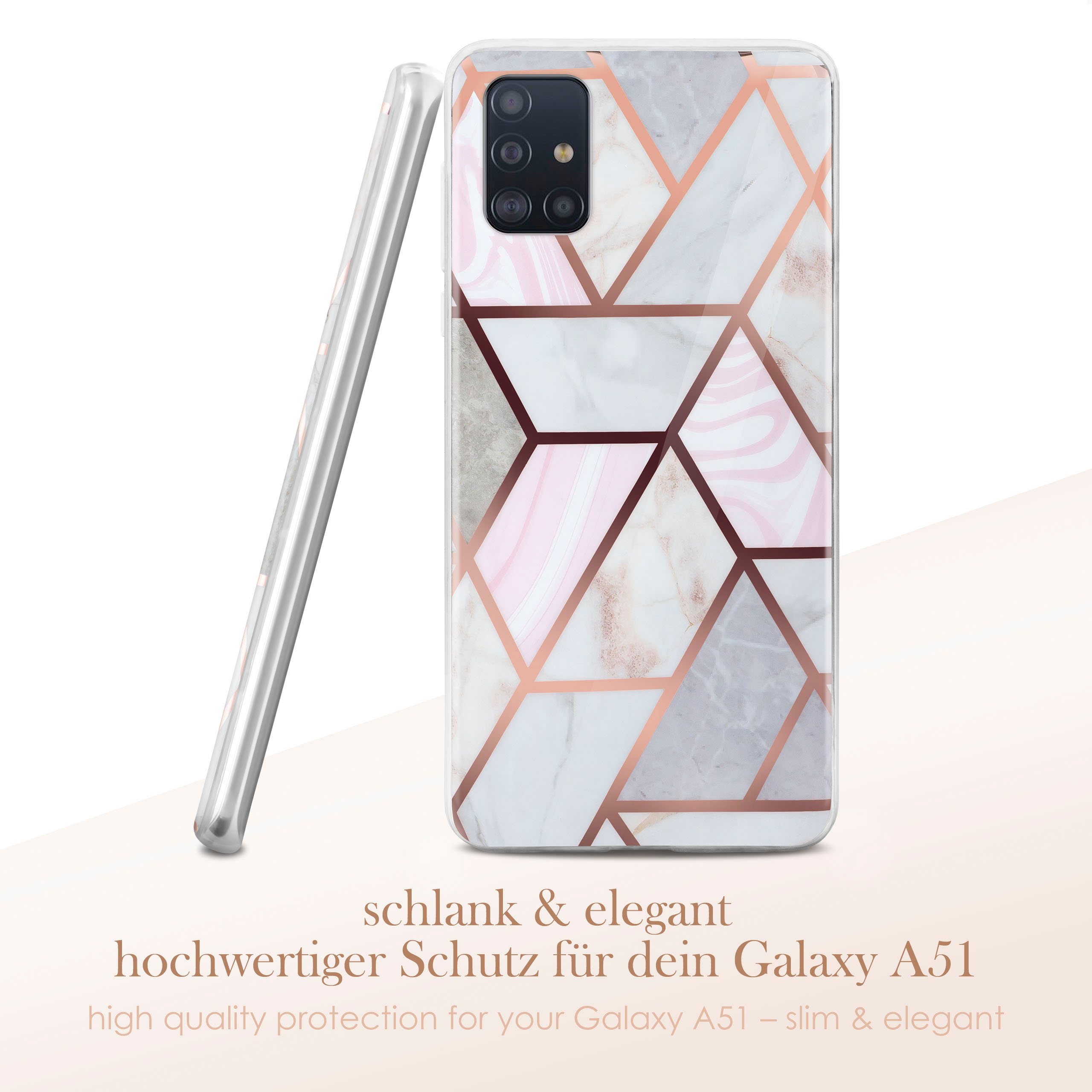 Handyhülle mit weißem Marmor und geometrischen Roségold-Akzenten, neben einem Telefon platziert.