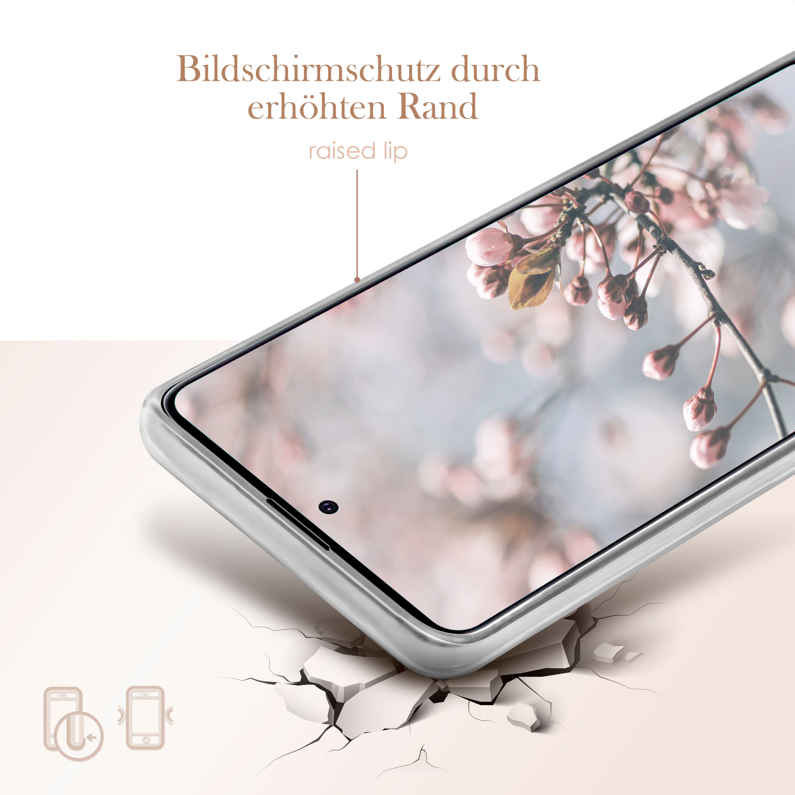 Eine Handyhülle schützt ein Telefon. Die erhöhte Lippe wird gezeigt. Ein verschwommener Blumenhintergrund.
