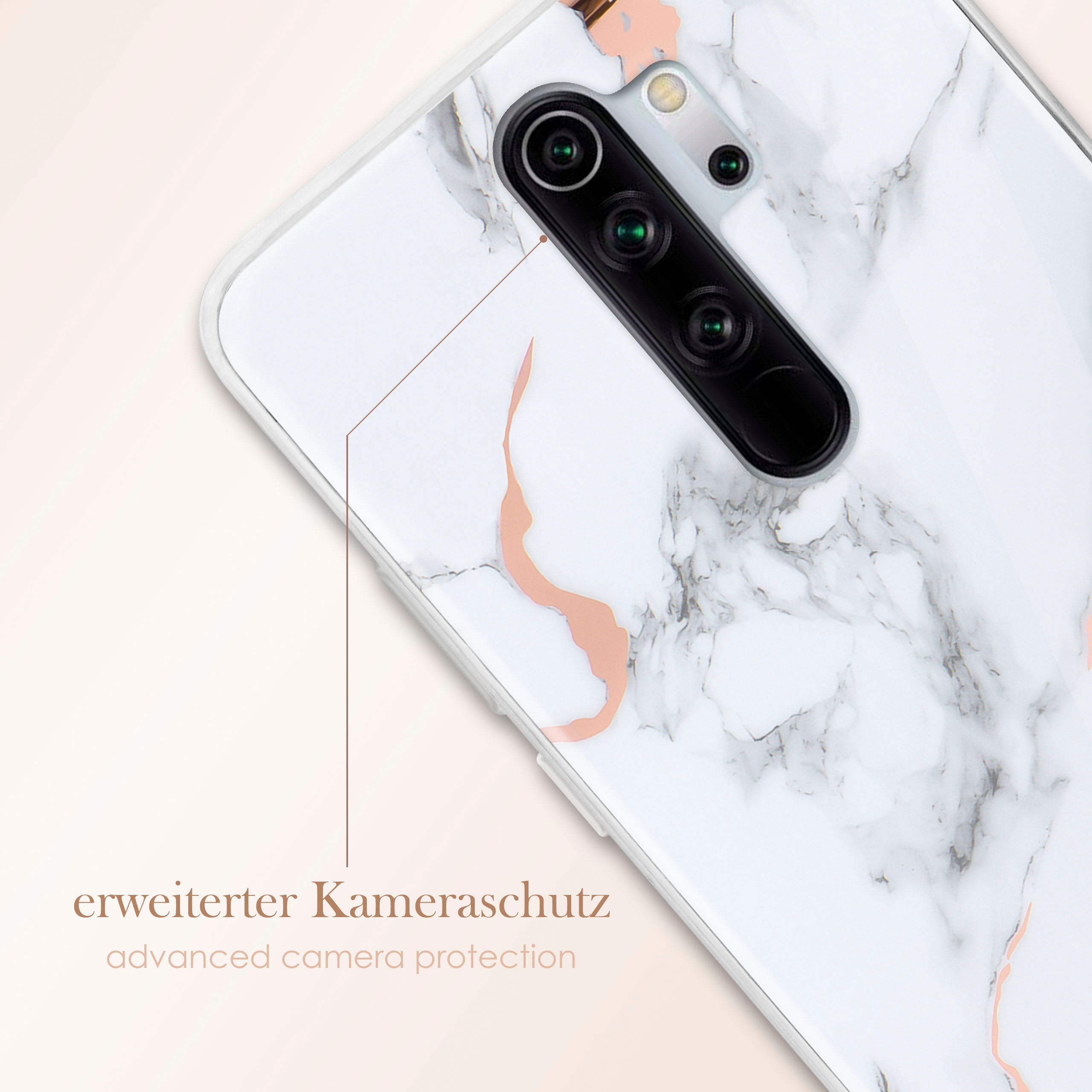 Handyhülle mit weißem Marmordesign und erweitertem Kameraschutz.