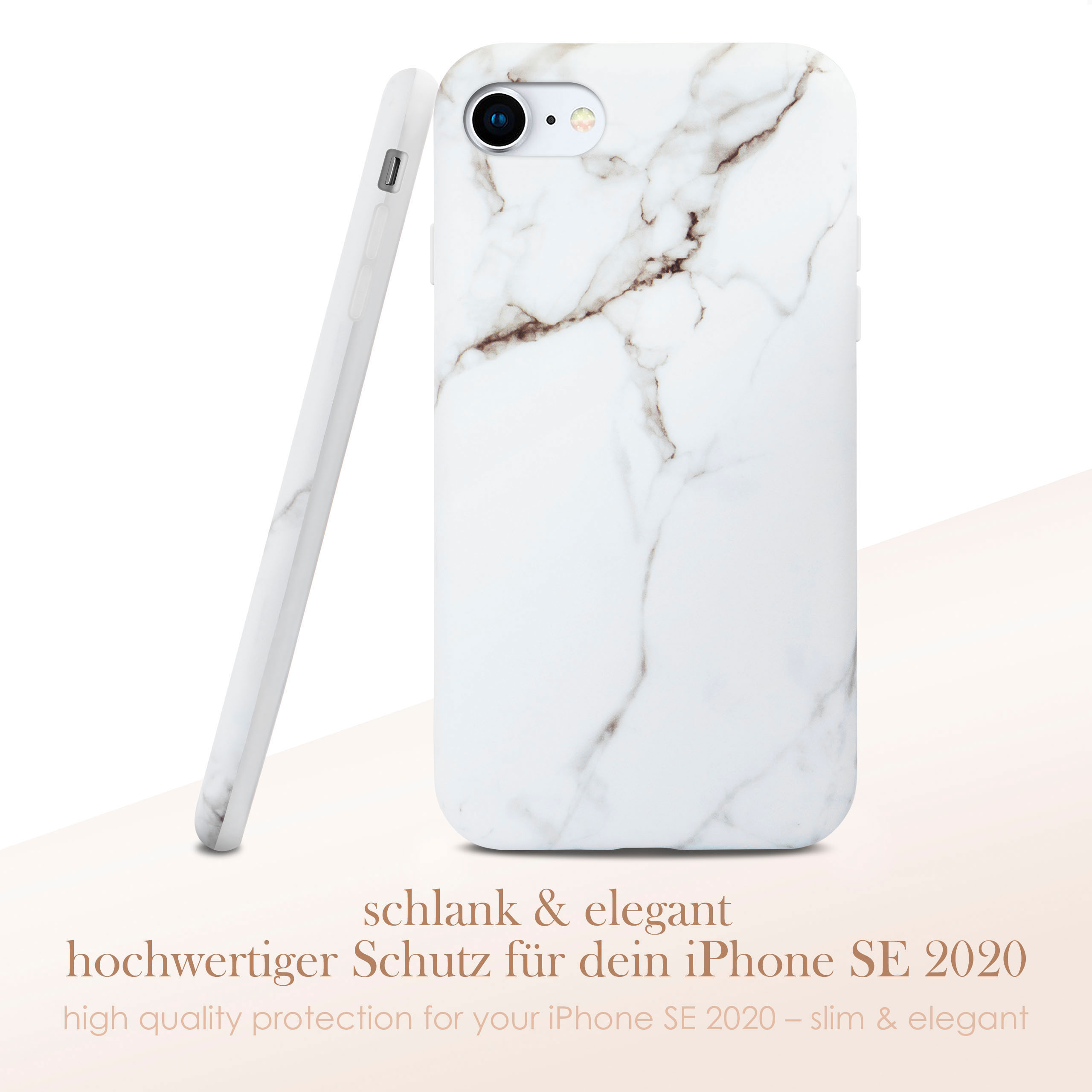 Weißes Marmor-Handycase und ein passendes Handy. Der Text lautet 'schlank & elegant'.