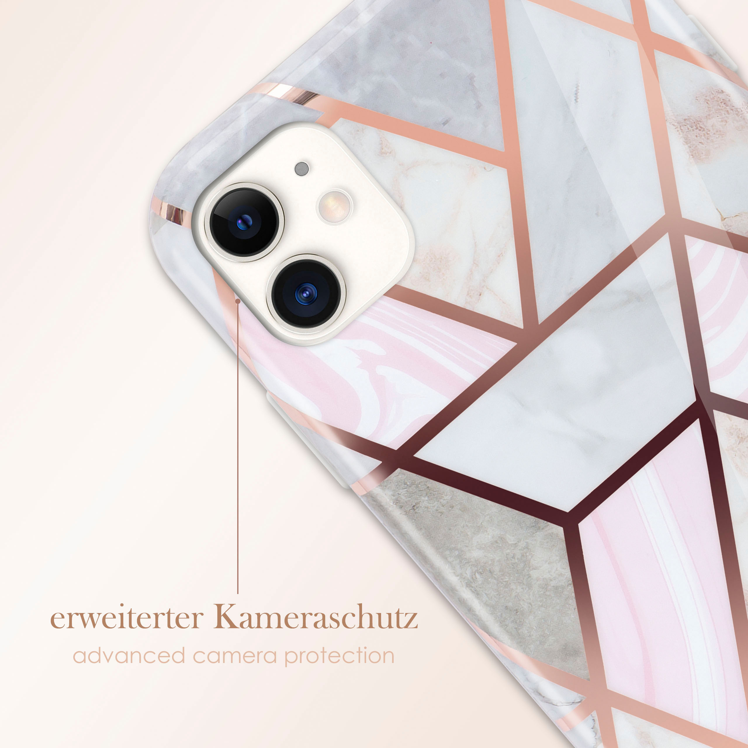 Nahaufnahme einer Handyhülle mit Text über den Kameraschutz.