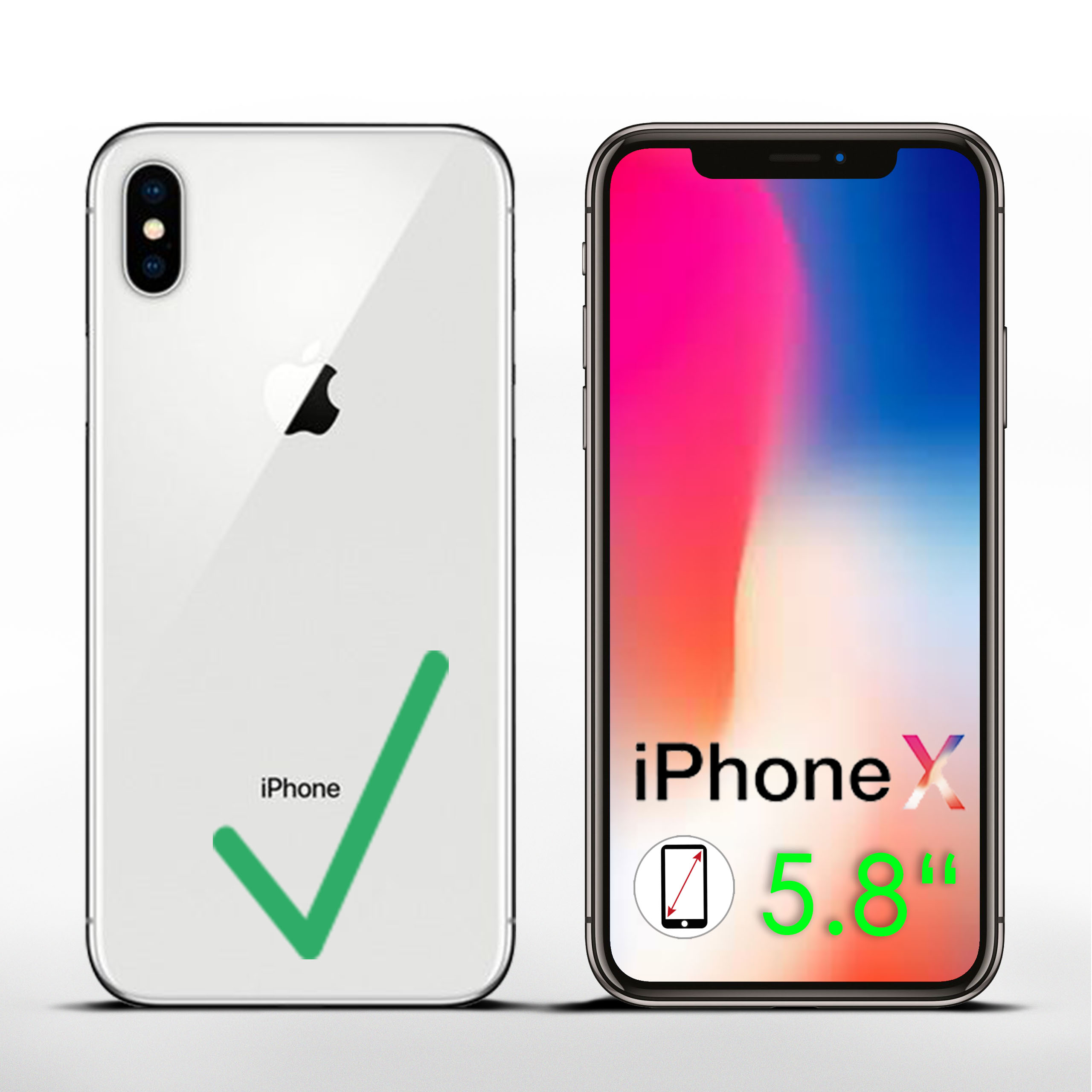 Zwei Telefone. Eines ist weiß mit einem grünen Häkchen, das andere zeigt das iPhone X-Modell.