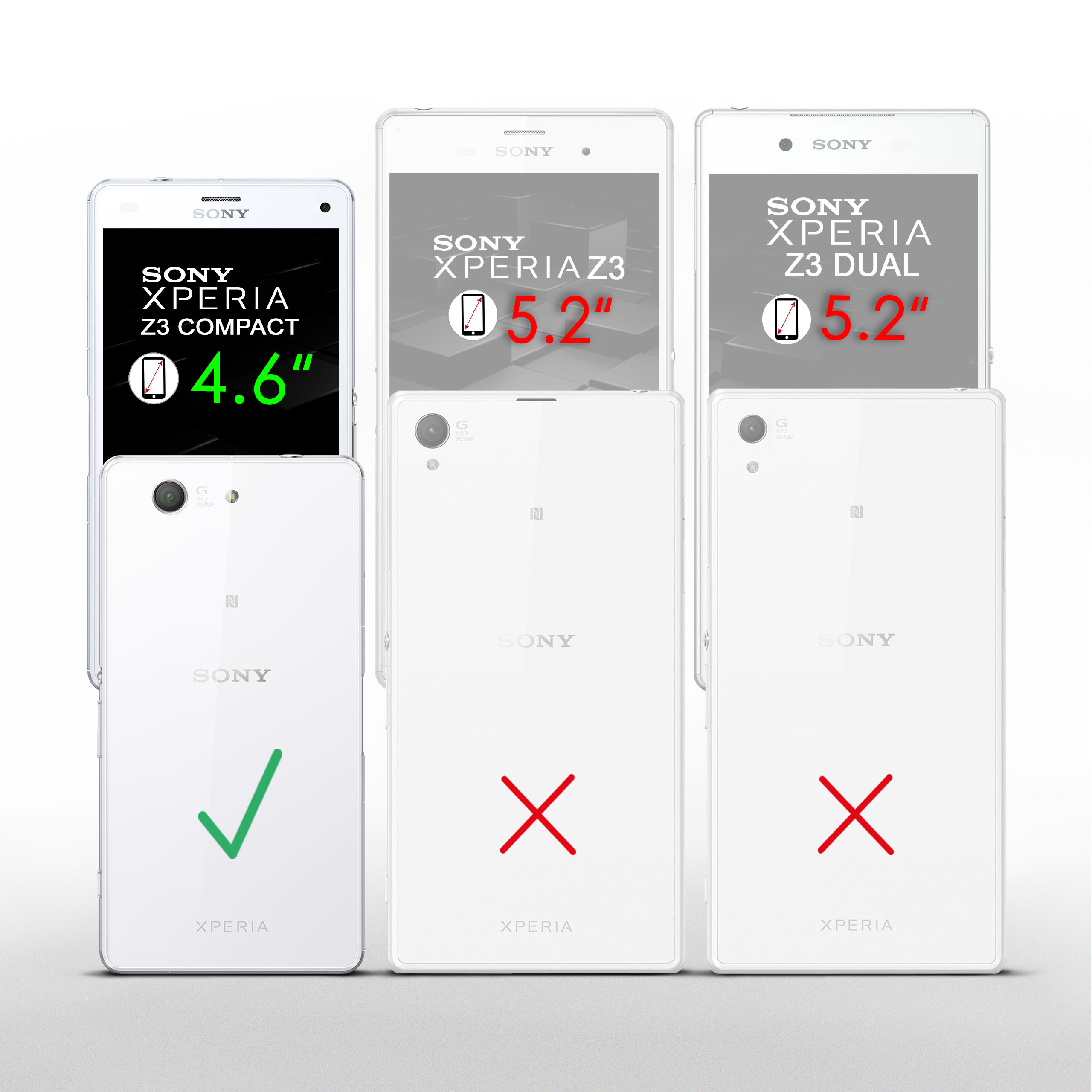 Drei Telefone in verschiedenen Größen, die Kompatibilität mit Xperia Z3 Compact und Xperia Z3 zeigen.
