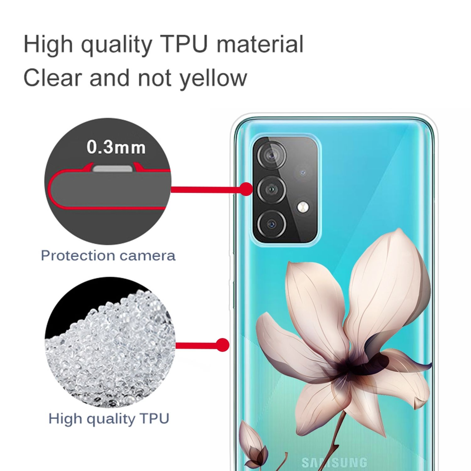 Eine Handyhülle mit Blumendesign. Der Text hebt das TPU-Material und die Kamera-Schutzfunktionen hervor.