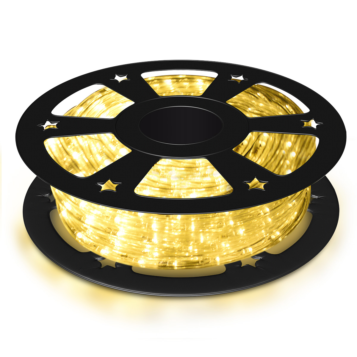 Eine schwarze Spule mit einer Rolle gelber LED-Seilleuchten. Die Lichter sind auf der Spule aufgerollt.