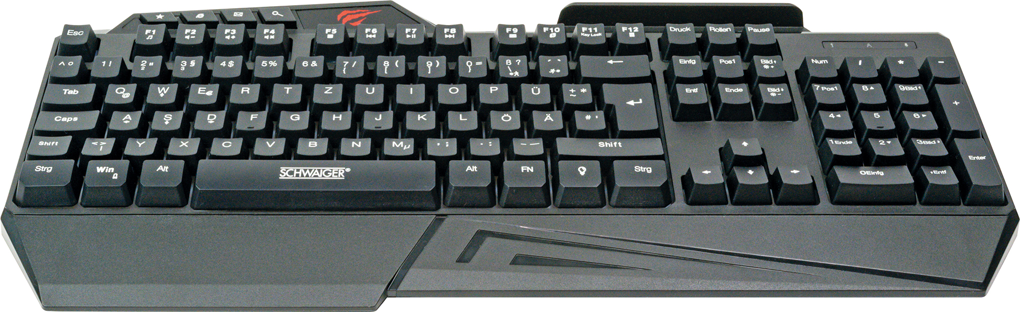 Schwarze Tastatur mit roten Akzenten. Die Tastatur hat ein großes Layout mit vielen Tasten. Weißer Hintergrund.