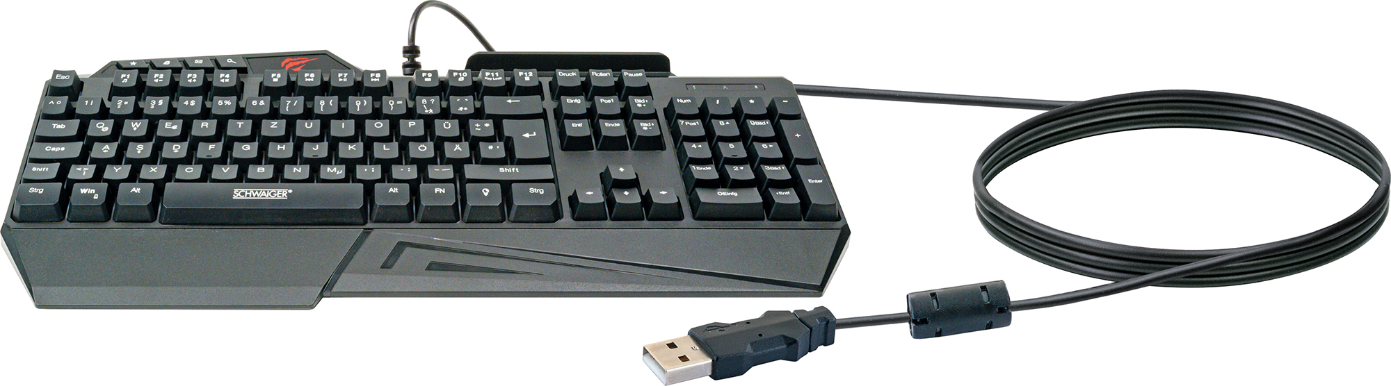 Schwarze Gaming-Tastatur mit USB-Kabel, freigestellt auf weißem Hintergrund.