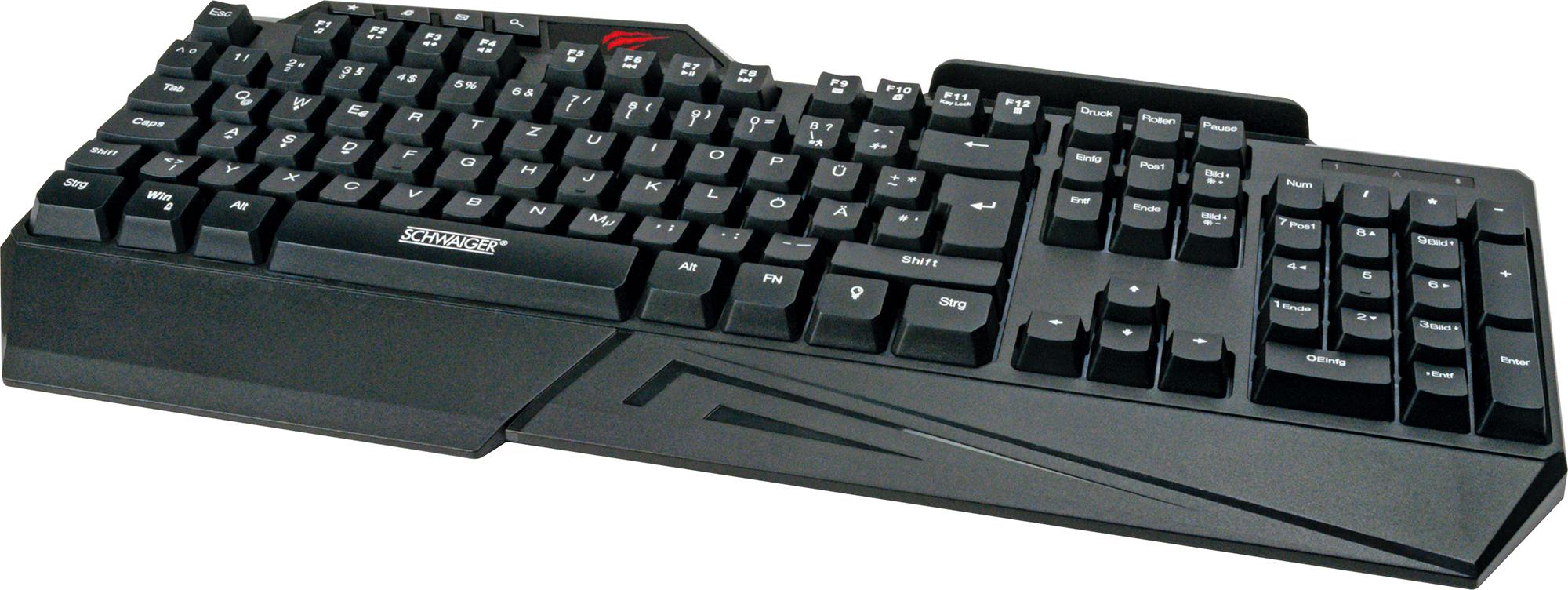 Eine schwarze Computertastatur mit Nummernblock und Handgelenkauflage, seitlich geneigt.