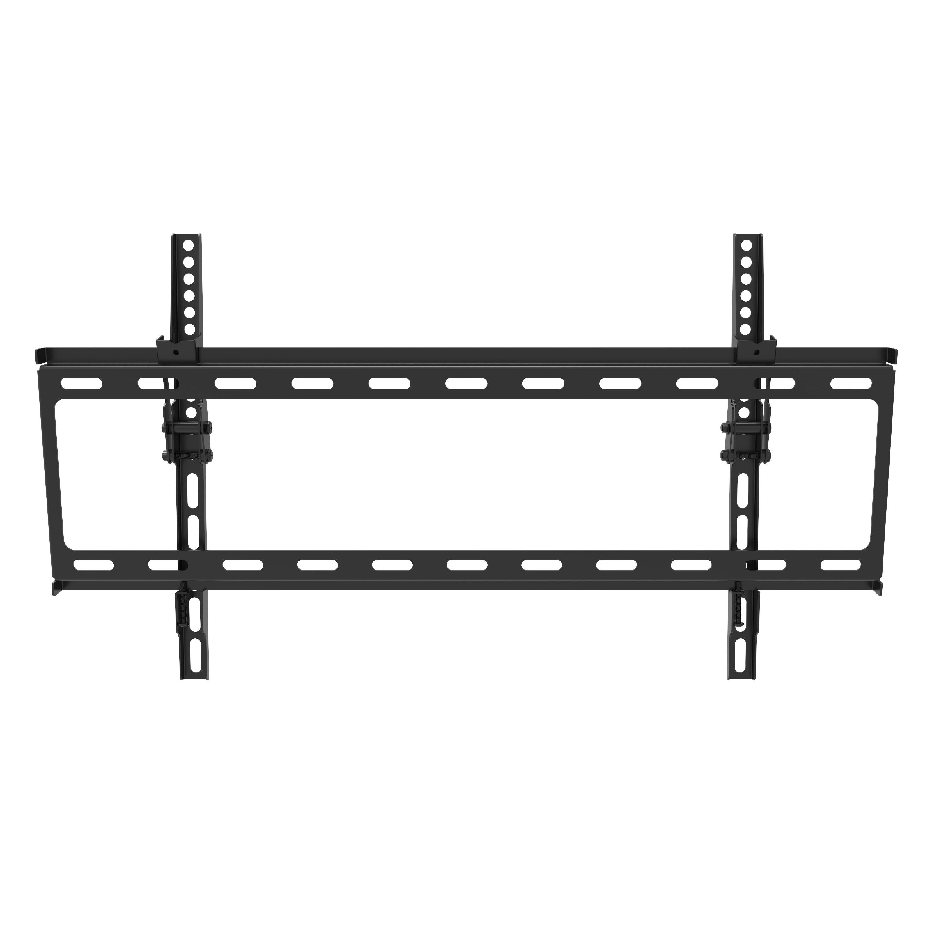 Eine schwarze TV-Halterung vor weißem Hintergrund. Es ist ein Metallrahmen mit mehreren Löchern.