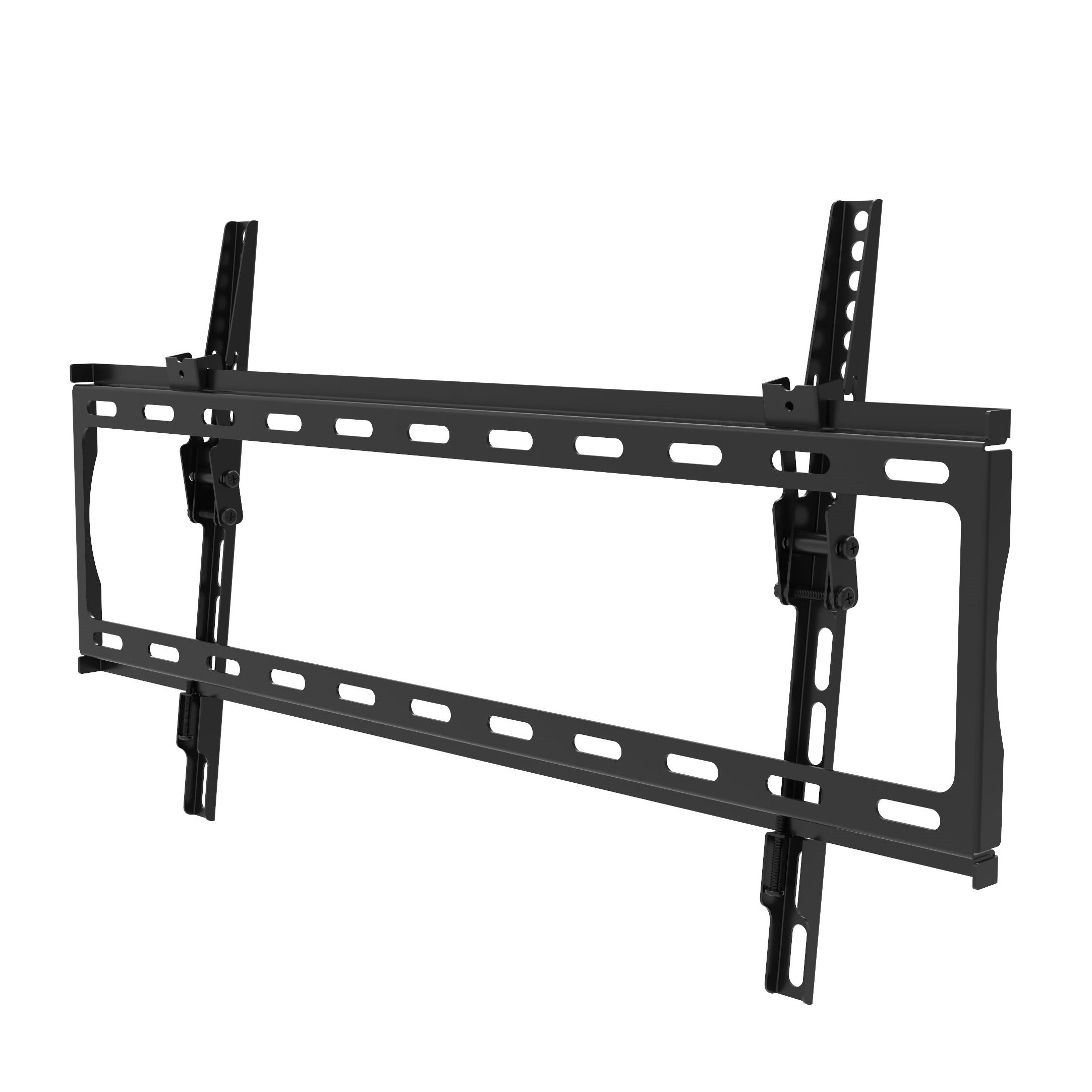 Schwarze TV-Wandhalterung mit verstellbaren Halterungen und Befestigungsmaterial, isoliert auf Weiß.