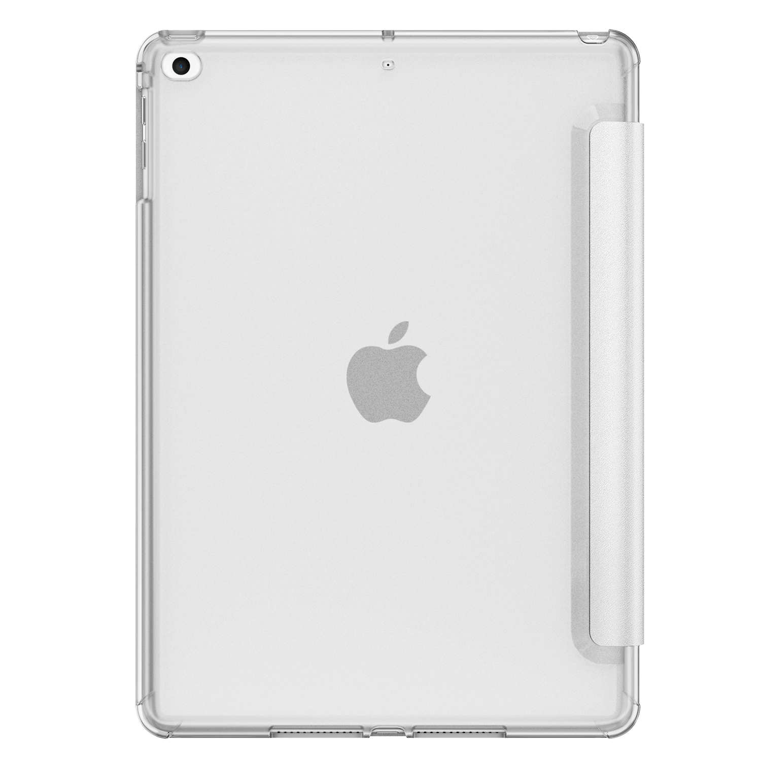 Eine weiße iPad-Hülle mit dem Apple-Logo. Die Hülle ist transparent und das iPad ist darin sichtbar.