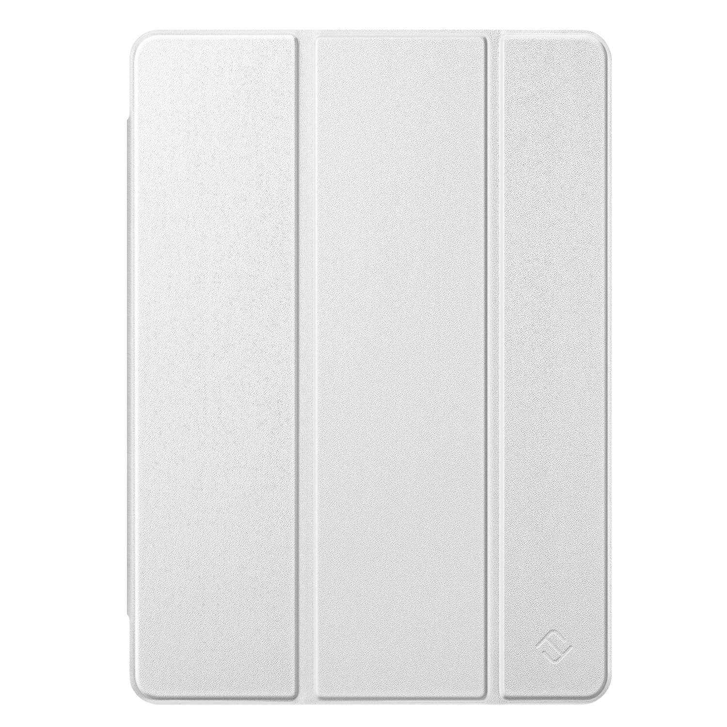 Eine weiße Tablet-Hülle mit schlichtem Design und geprägtem Logo in der unteren rechten Ecke.