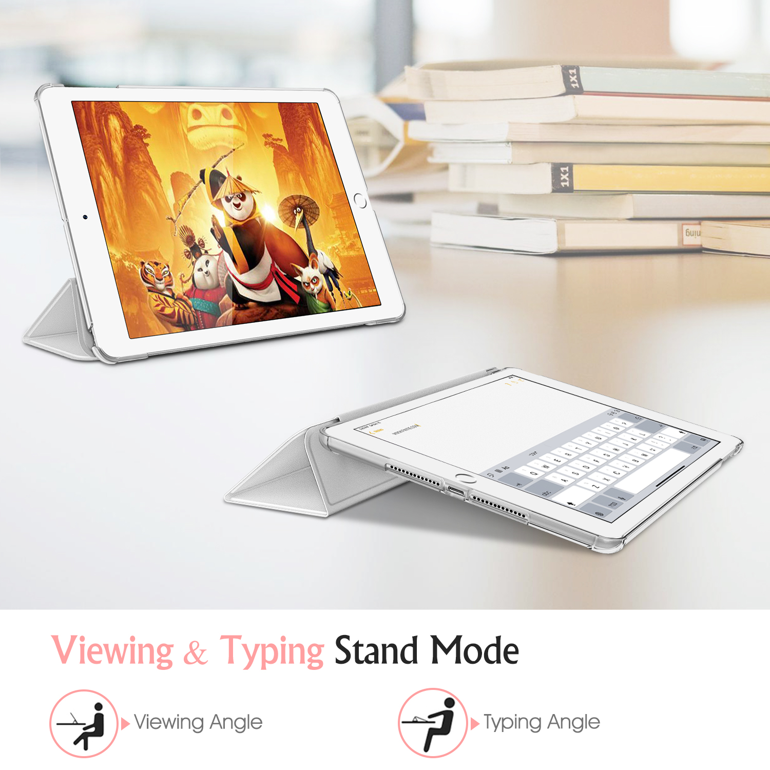 Zwei Tablets, eines mit einer Filmszene, das andere mit einer Tastatur. Text: Betrachtungs- und Tippmodus.