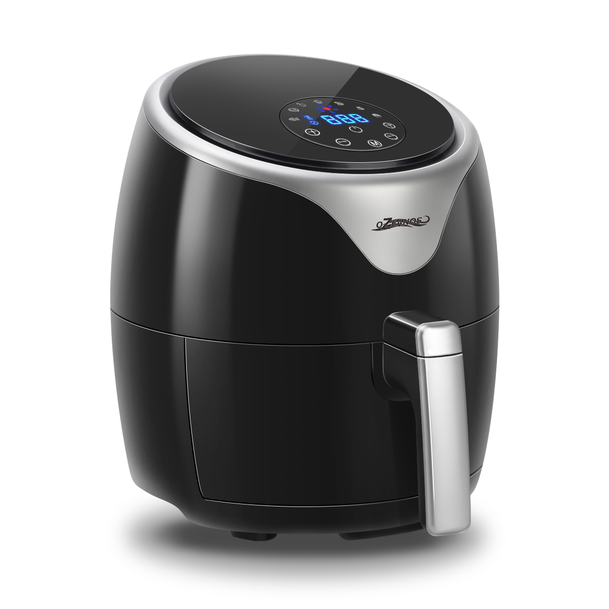 Schwarze Heißluftfritteuse mit silbernem Griff und Digitalanzeige.