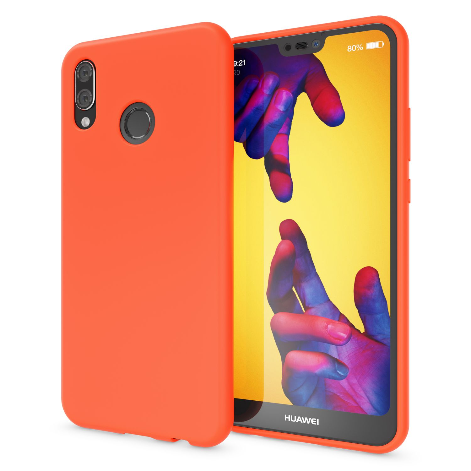 Orangefarbene Handyhülle mit Handy und gelbem Hintergrund mit zwei Händen.