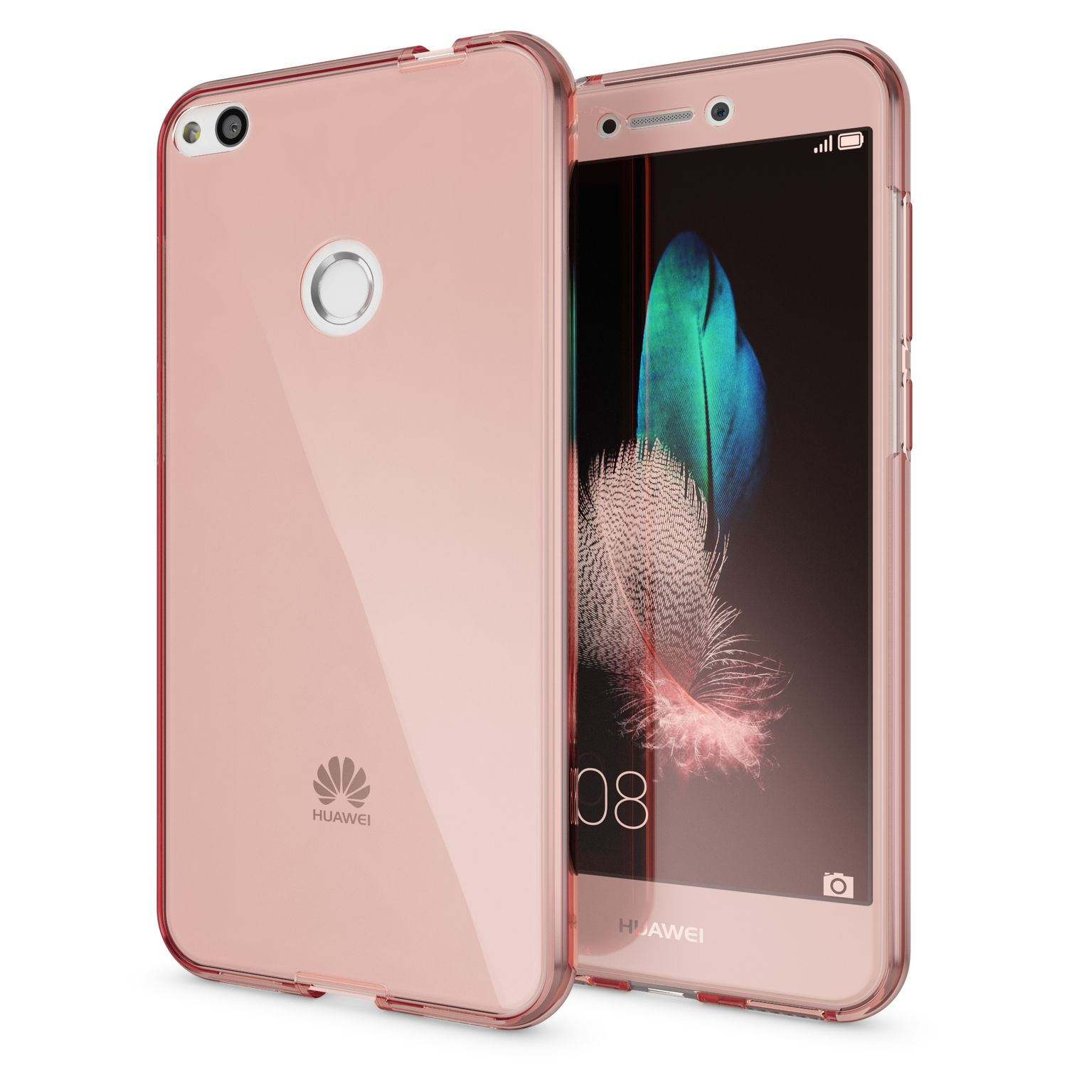 Ein Telefon in einer transparenten Hülle. Eine andere Hülle befindet sich daneben. Beide sind rosa. Der Bildschirm zeigt eine Feder.
