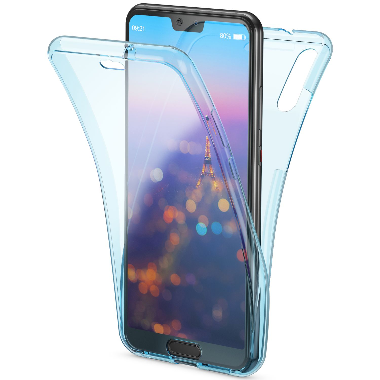Blaue Handyhülle auf einem Telefon, das eine verschwommene Stadtszene zeigt. Weißer Hintergrund.