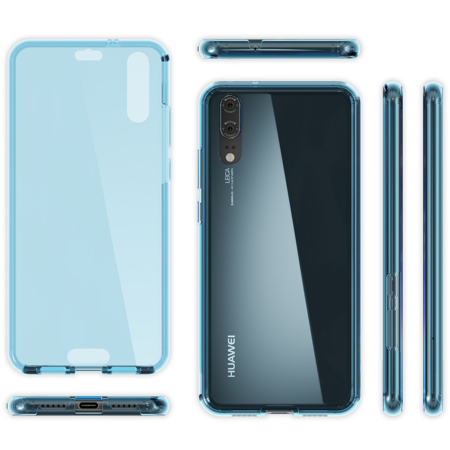 Transparente blaue Handyhülle aus verschiedenen Winkeln gezeigt. Telefon in Hülle hat dunkelblaue Rückseite.