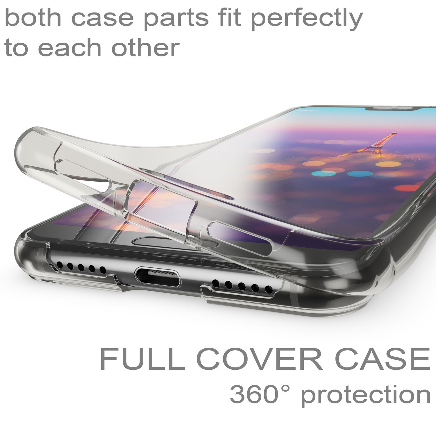 Un étui de téléphone transparent est placé sur un téléphone. L'étui est transparent, avec les mots 'FULL COVER CASE'.