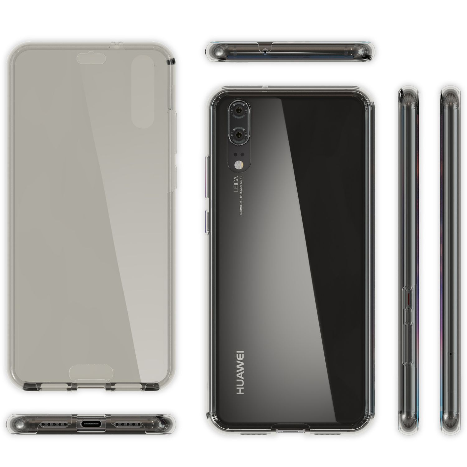 Mehrere Ansichten einer transparenten Handyhülle und eines schwarzen Telefons werden gezeigt. Die Hülle hat ein klares Design und das Telefon ist schwarz.