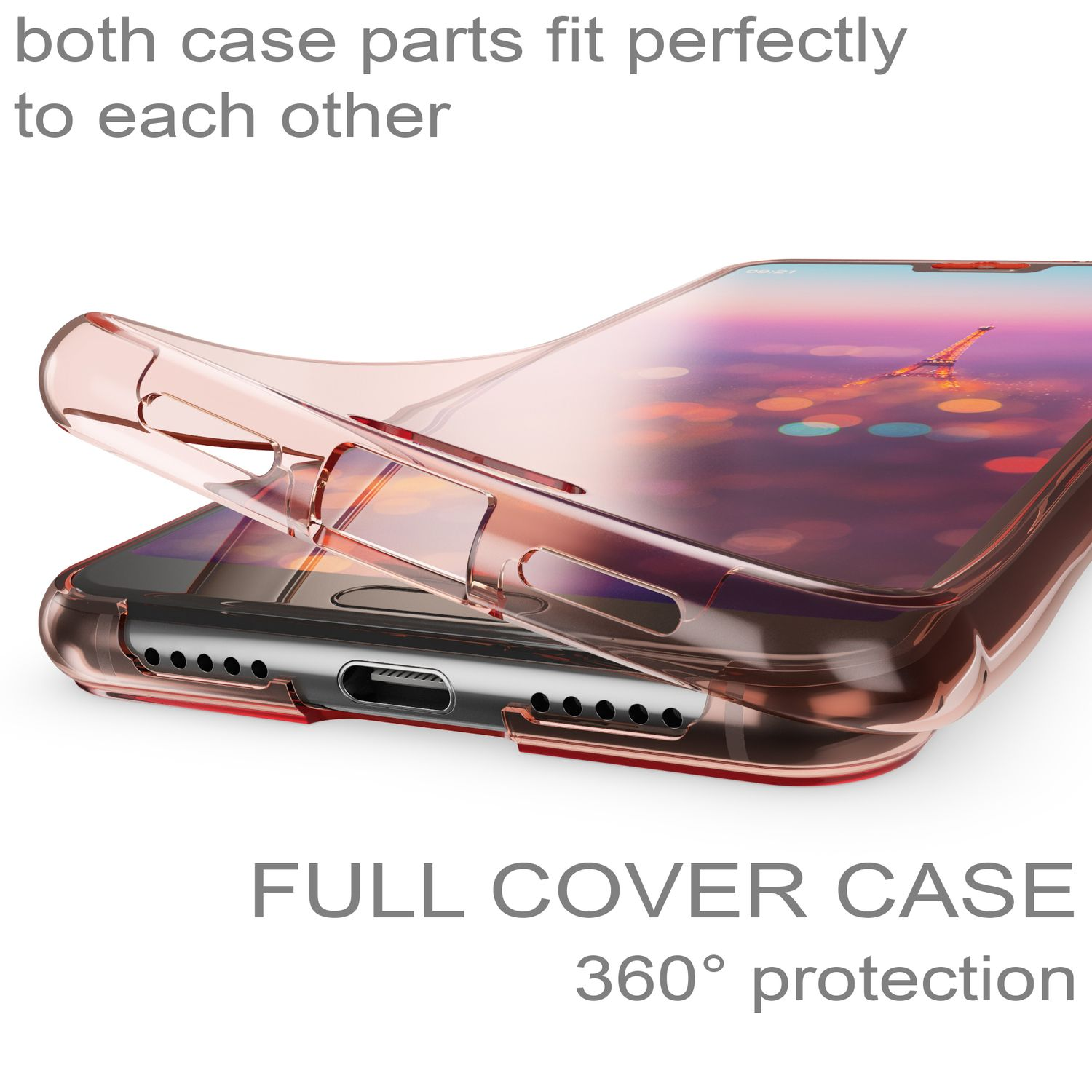Transparente Handyhülle offen über einem Telefon. Text: Vollständige Hülle. 360° Schutz.