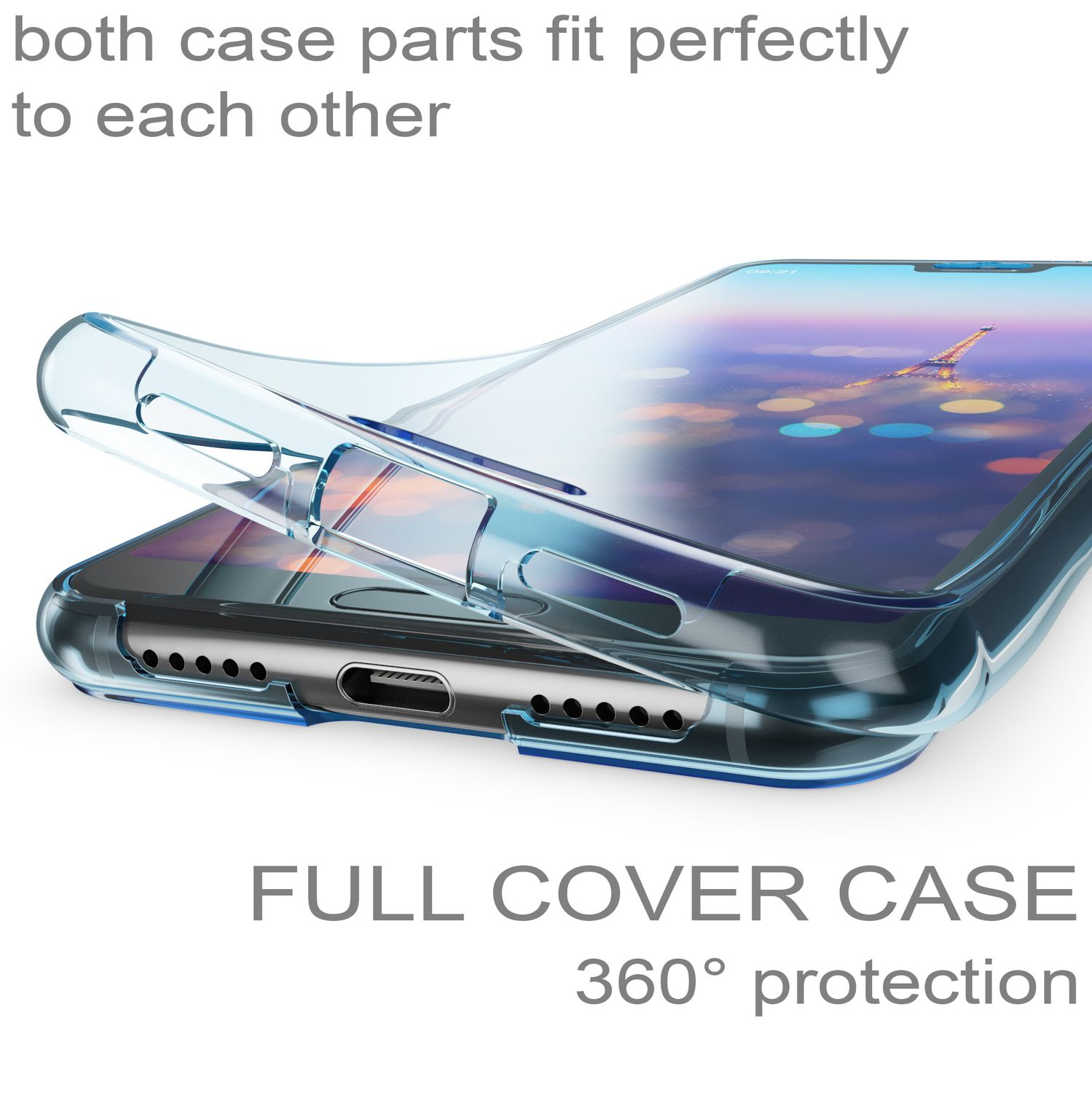 Transparente Handyhülle mit einem Telefon darin. Text sagt 'VOLLSTÄNDIGE HÜLLE 360° Schutz'.