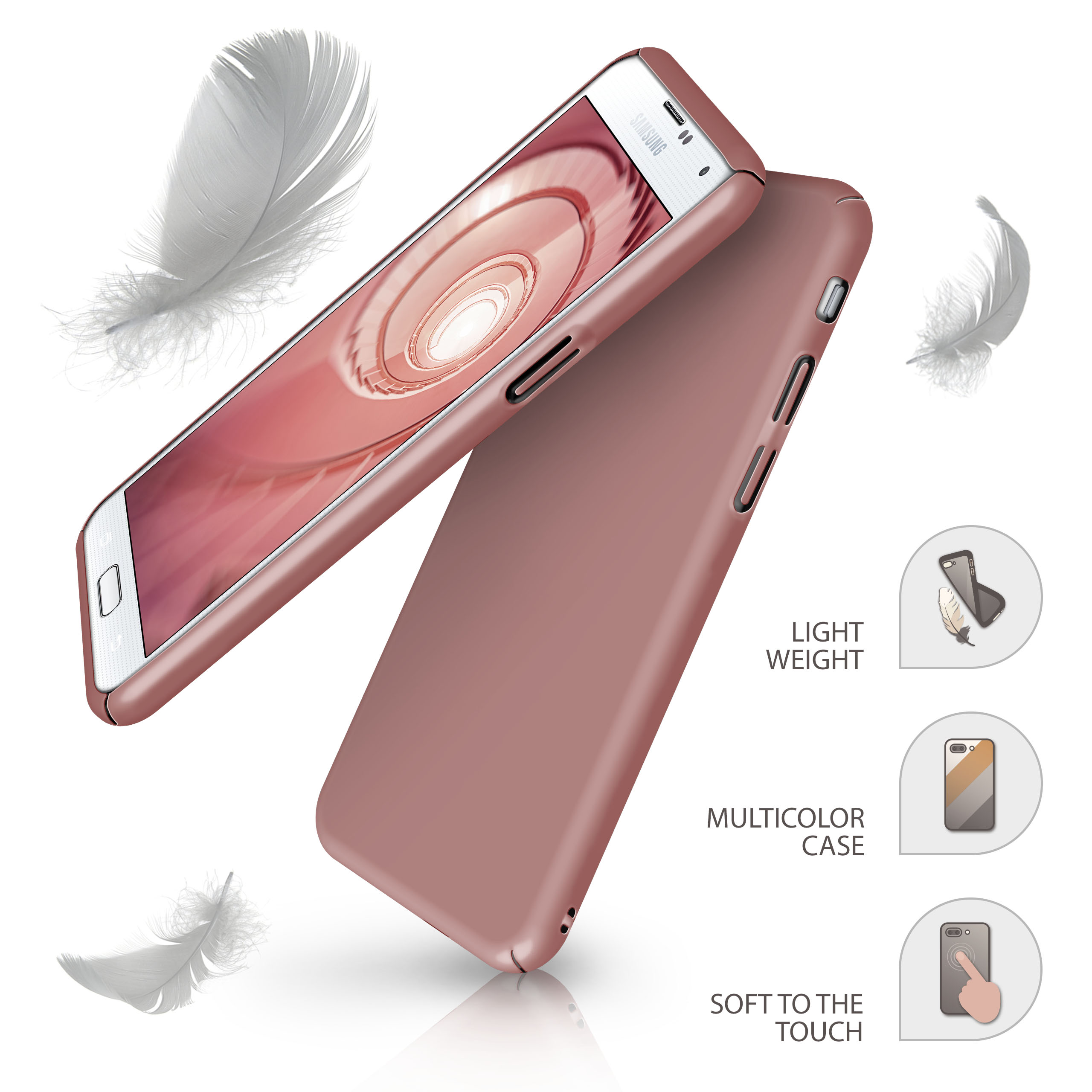 Ein Telefon in einer rosa Hülle. Federn schweben darum. Text zeigt, dass es leicht und eine Multicolor-Hülle ist.