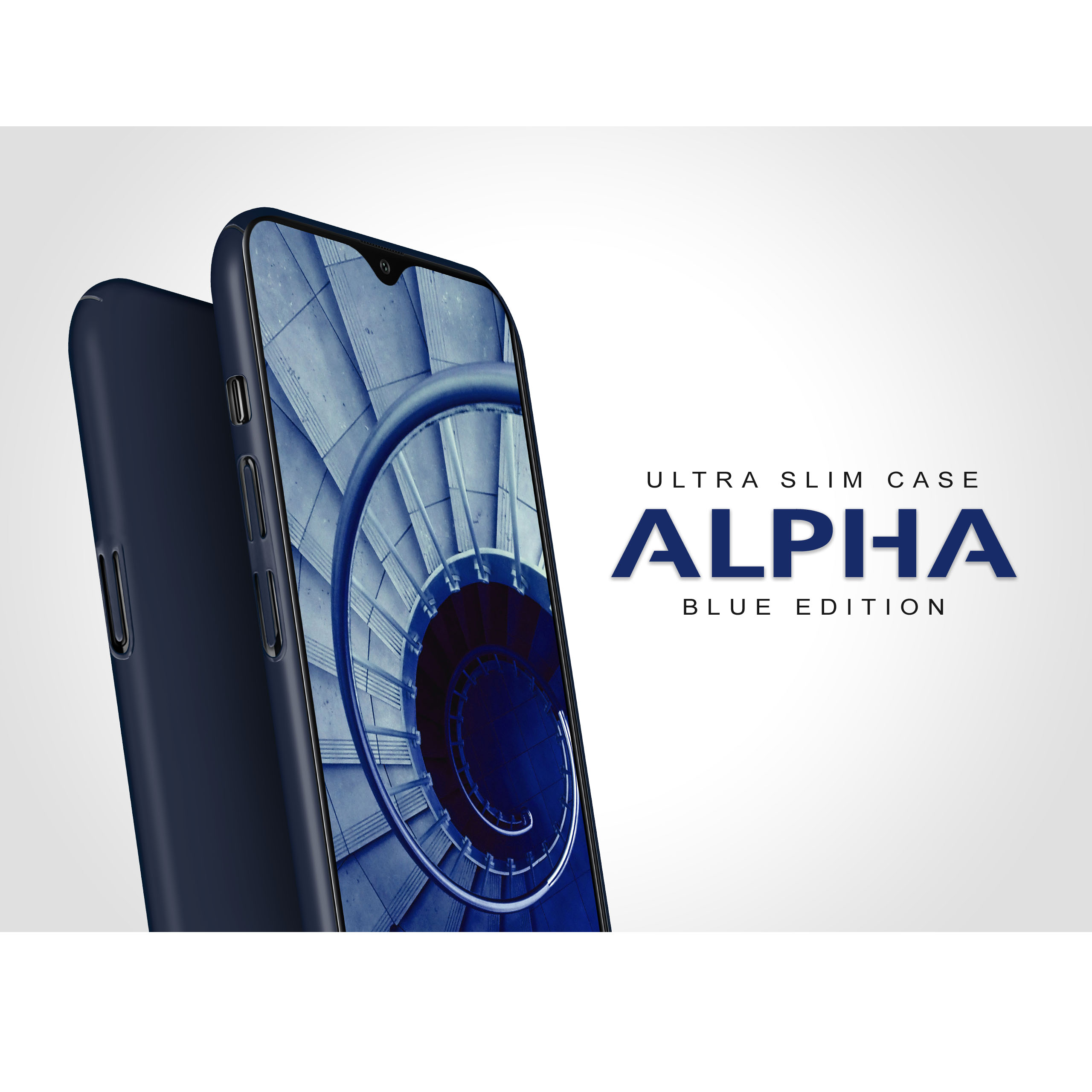 Blaues Telefon mit Spiralmuster auf dem Bildschirm und dunkelblauer Hülle. Weißer Hintergrund.