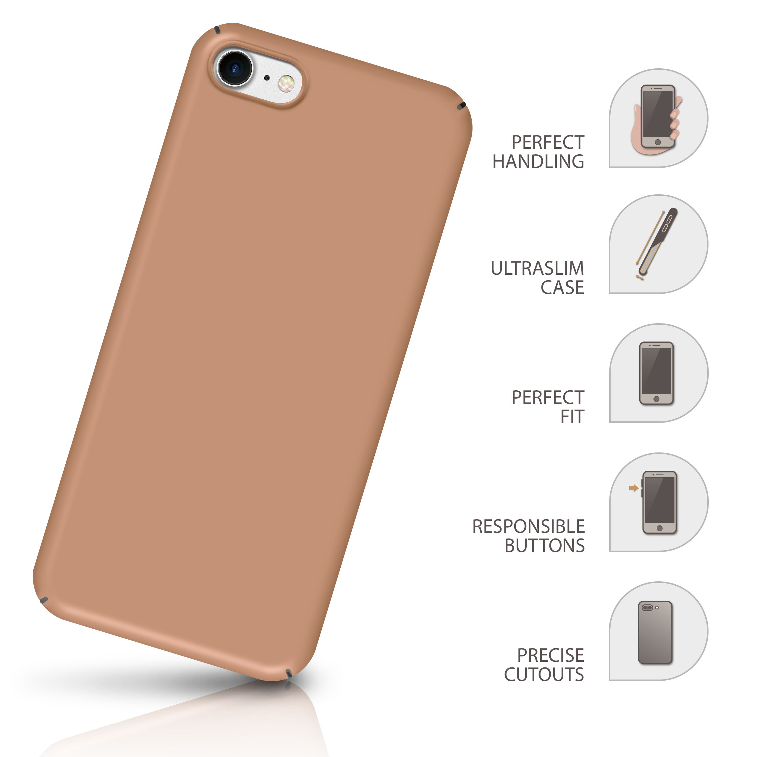 Rosafarbenes Handycase mit Text zu Handhabung, Passform und Tasten-Design.