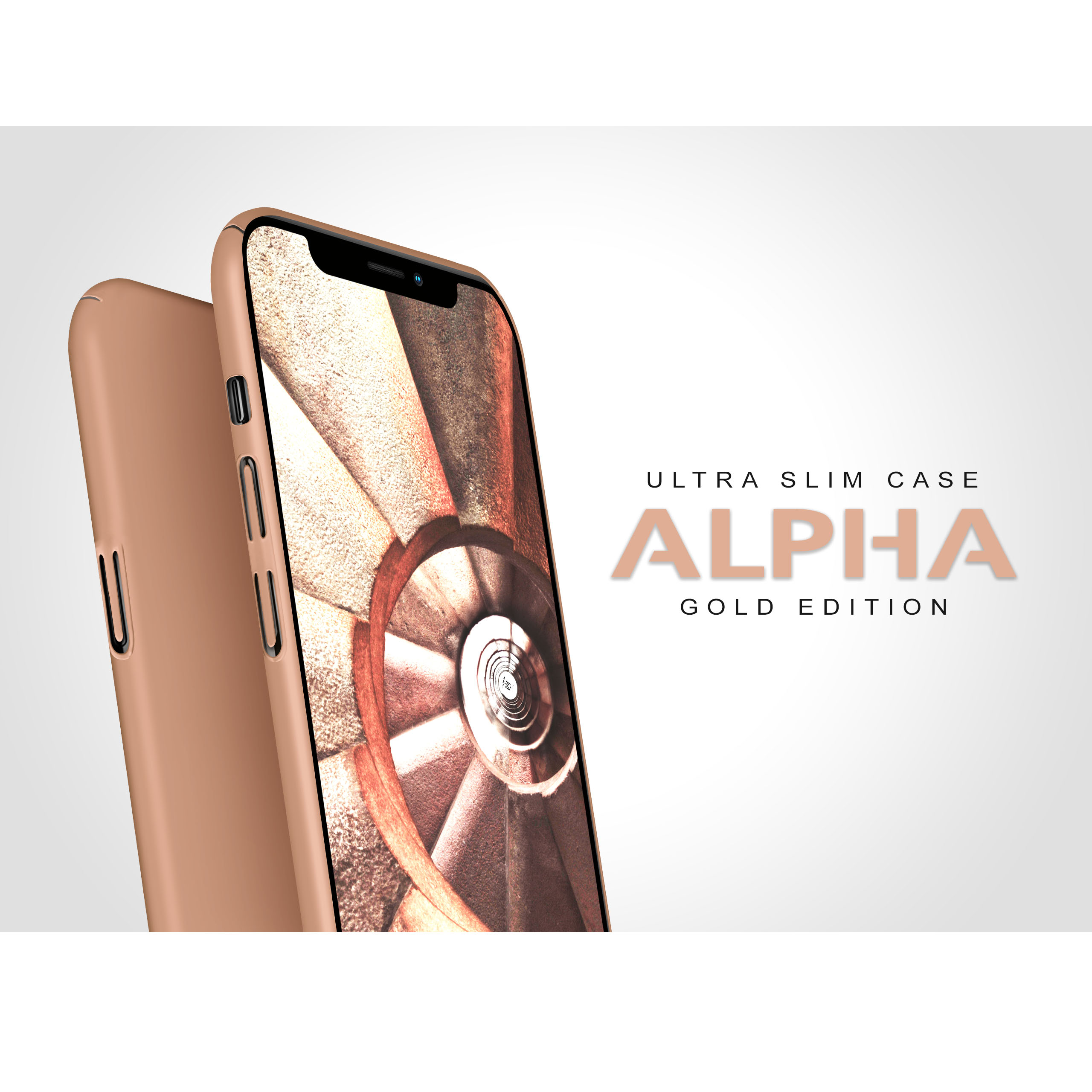 Handyhülle auf einem Telefon. Die Hülle ist beige, und das Hintergrundbild des Telefons ist eine Wendeltreppe.