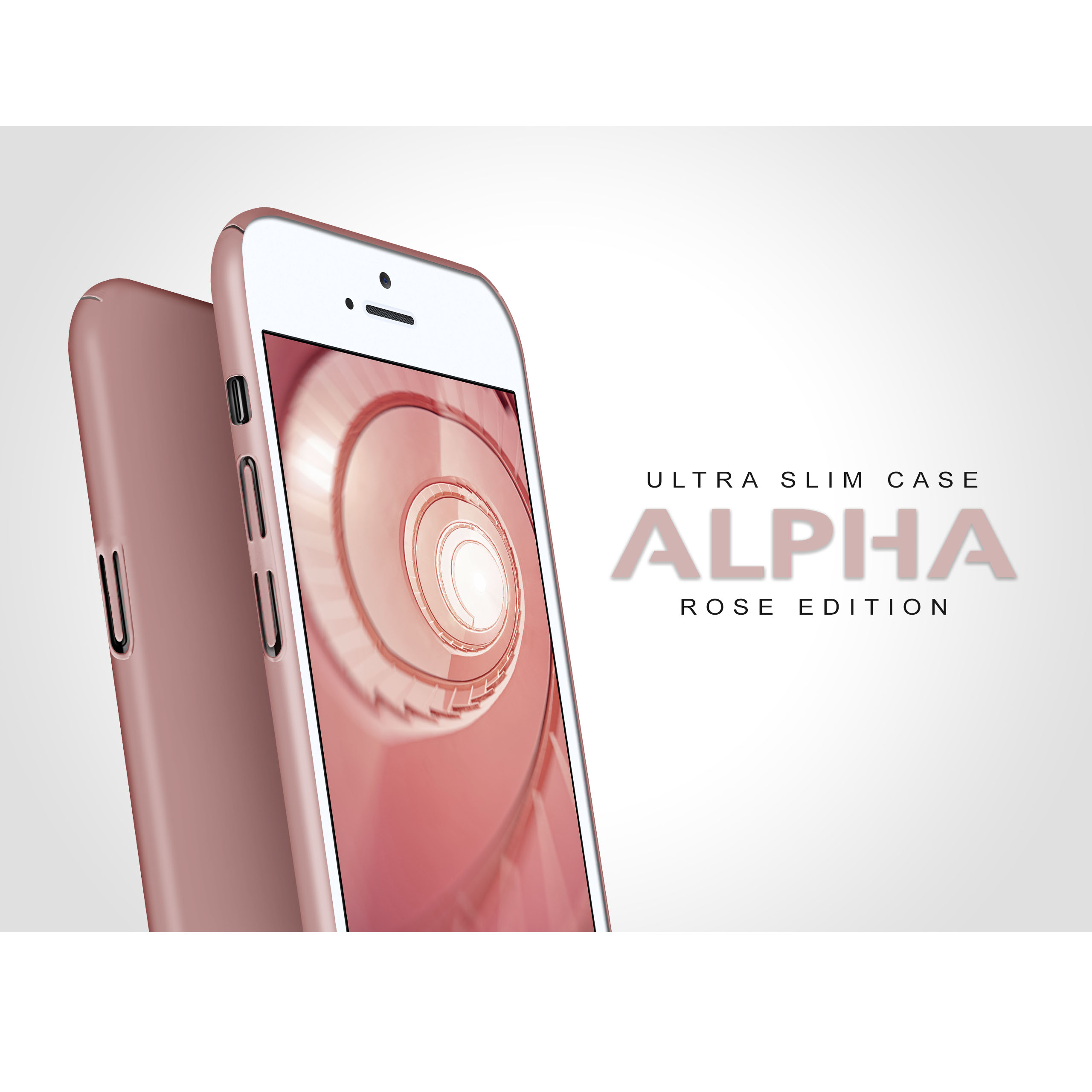 Rosa Handyhülle mit den Worten 'ALPHA ROSE EDITION'. Das Telefon befindet sich auf weißem Hintergrund.