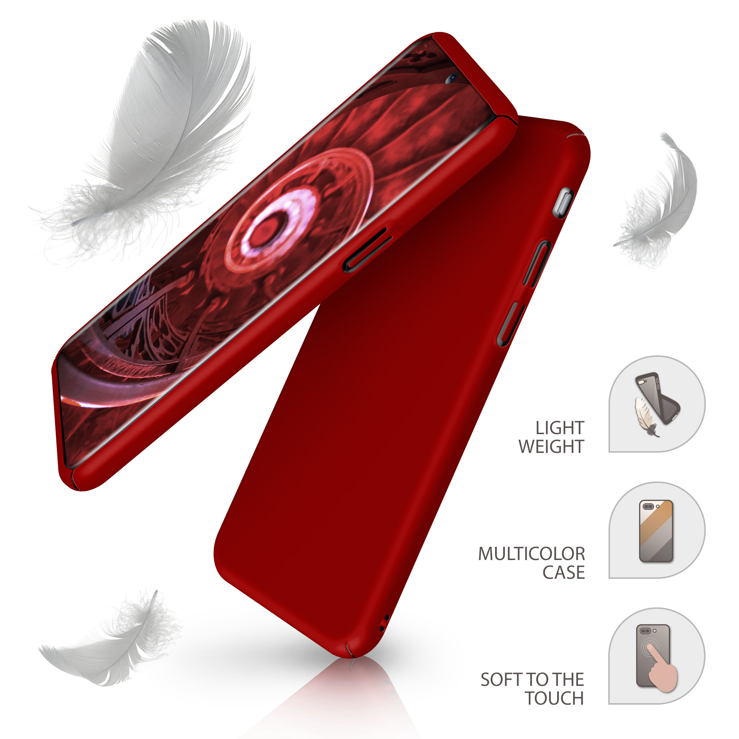 Rote Handyhülle mit einem Telefon, das ein kreisförmiges Design auf dem Bildschirm zeigt. Federn schweben um das Telefon herum. Weißer Hintergrund.