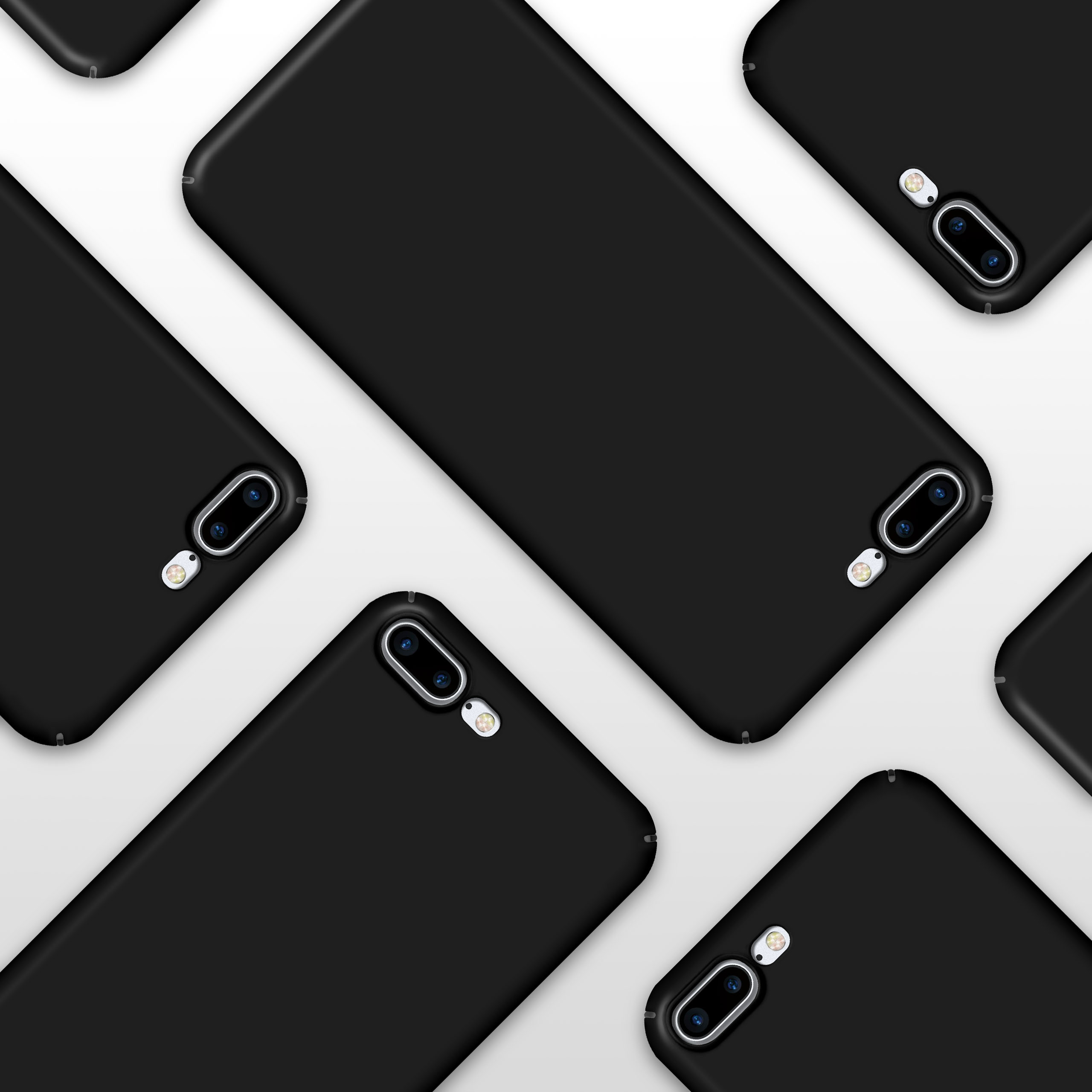 Mehrere schwarze Telefone mit Kameradetails, in einem Muster angeordnet.