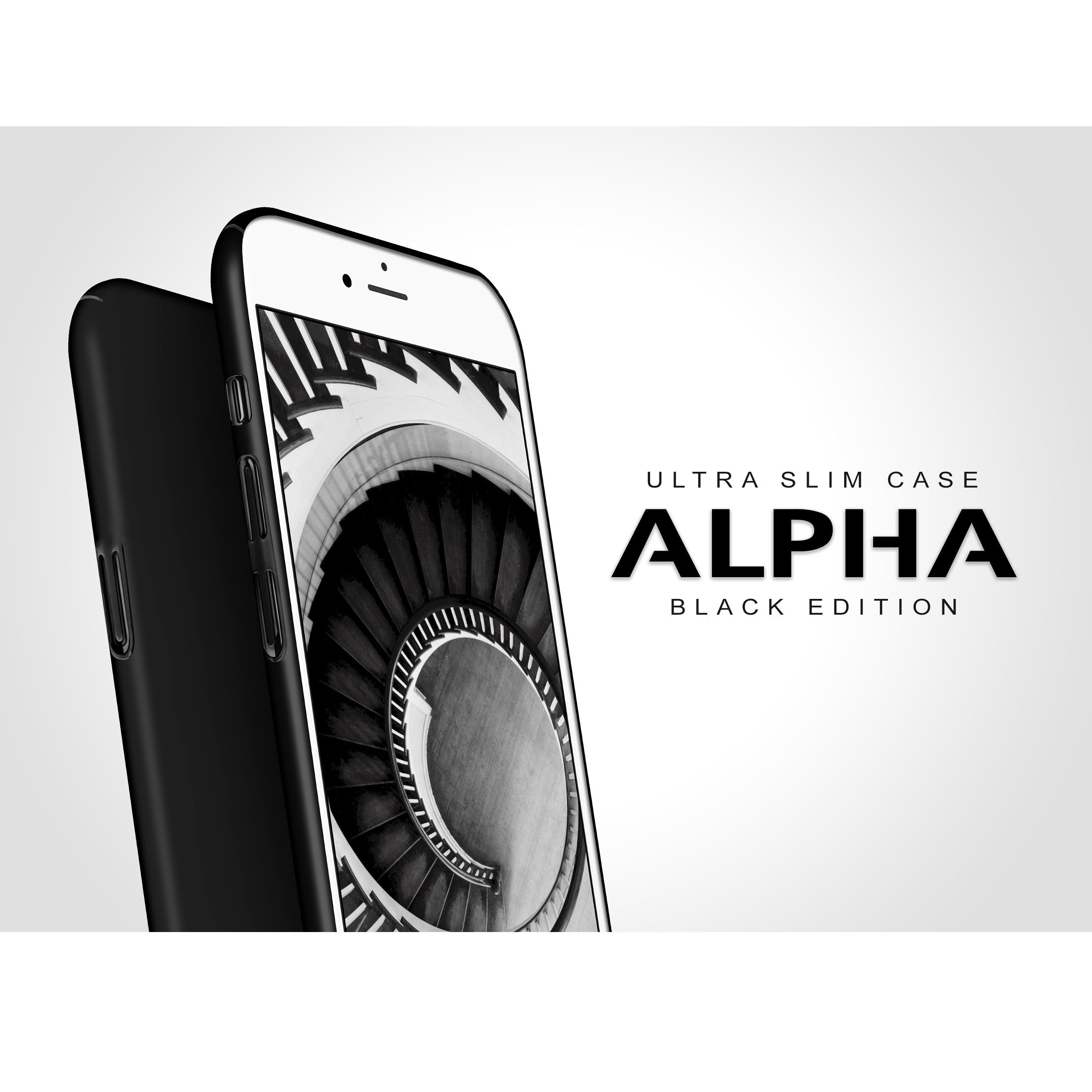 Schwarze Handyhülle mit Wendeltreppenbild auf dem Bildschirm, Text 'ALPHA BLACK EDITION'.