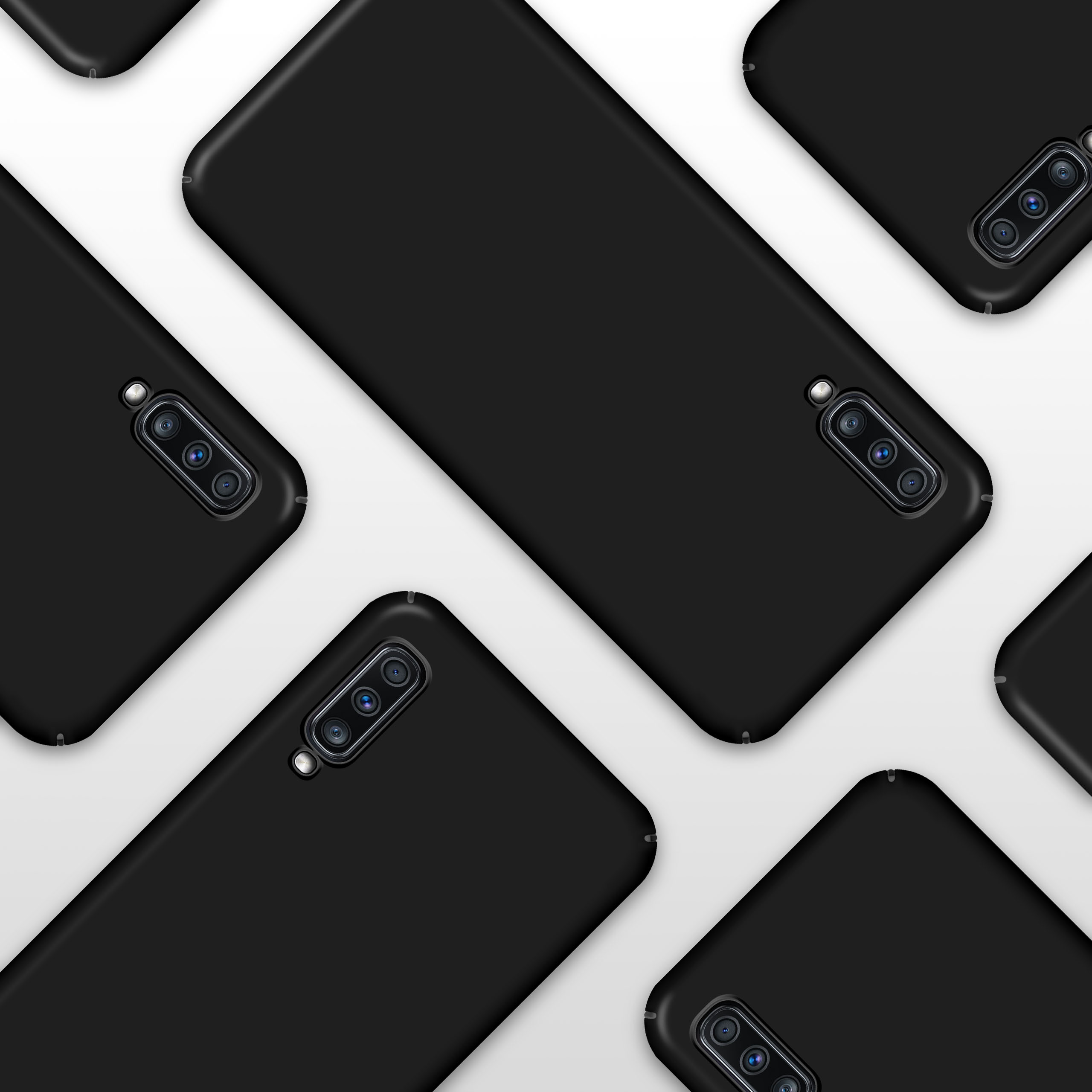Schwarze Telefonhüllen in diagonalem Muster auf weißer Oberfläche. Jede Hülle hat Kameralinsen.