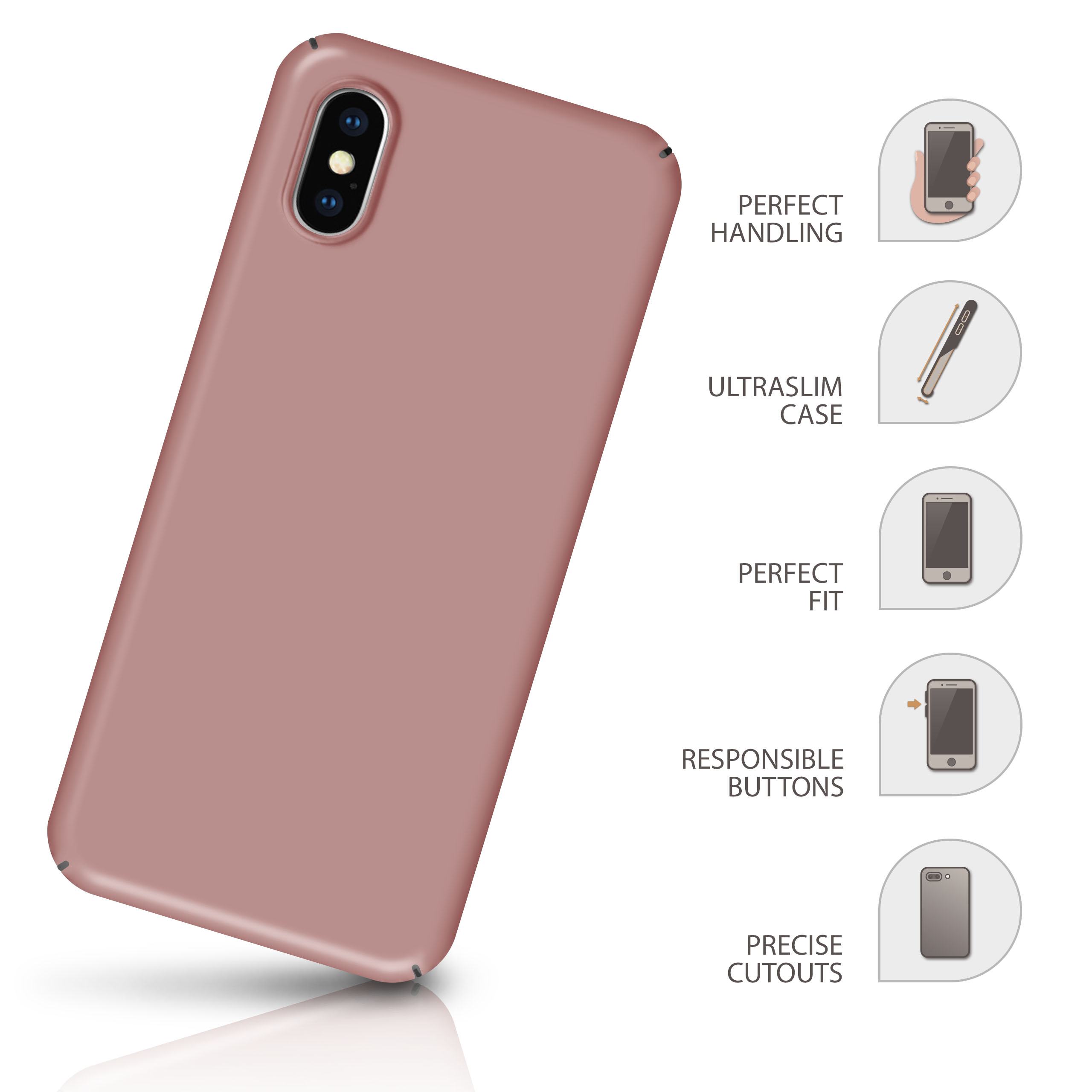 Eine pinke Handyhülle, mit Icons für 'perfekte Handhabung', 'ultraslim Case', 'perfekte Passform', 'verantwortungsvolle Tasten'.