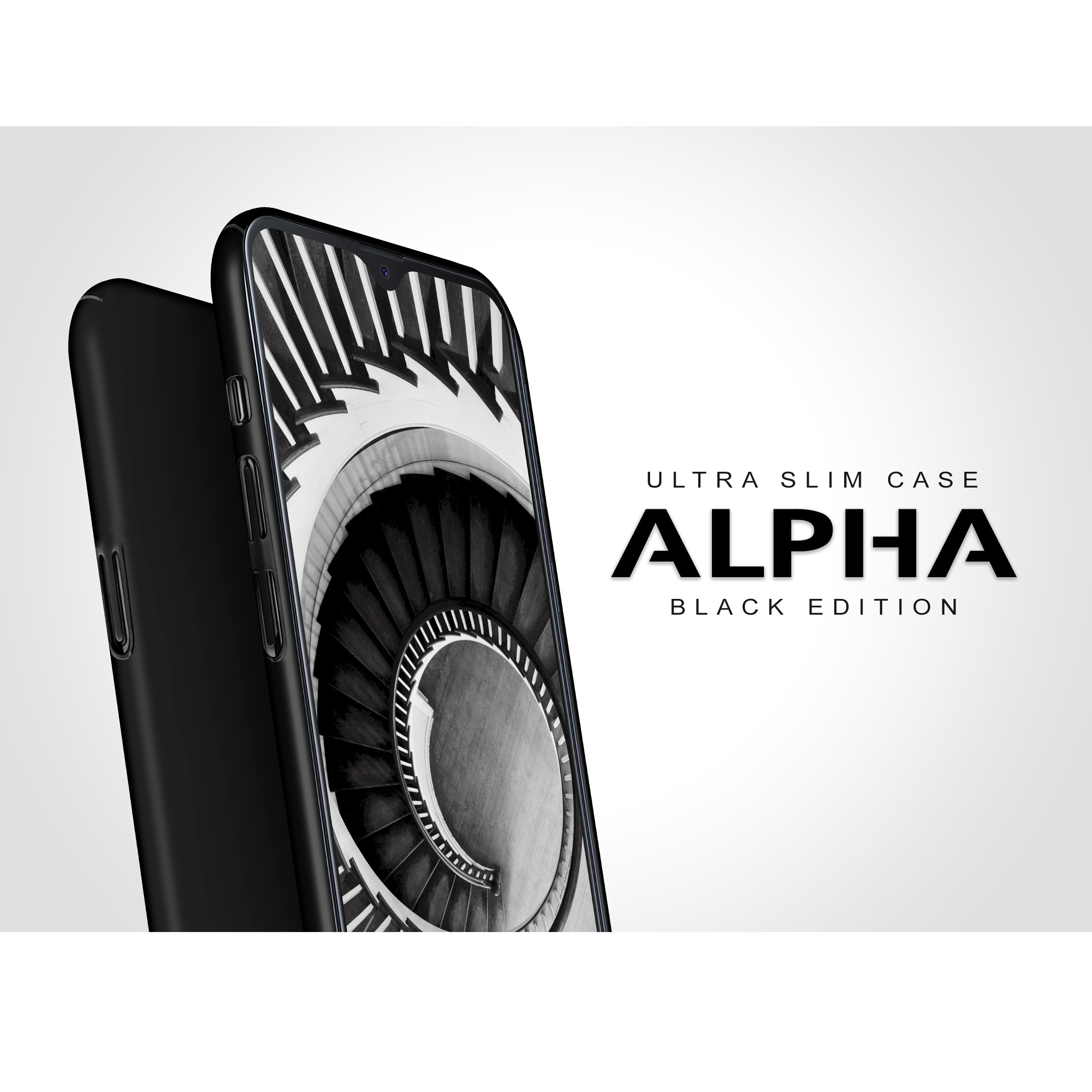 Schwarze Handyhülle auf weißem Hintergrund. Hülle zeigt Wendeltreppenbild. Text: ALPHA BLACK EDITION.