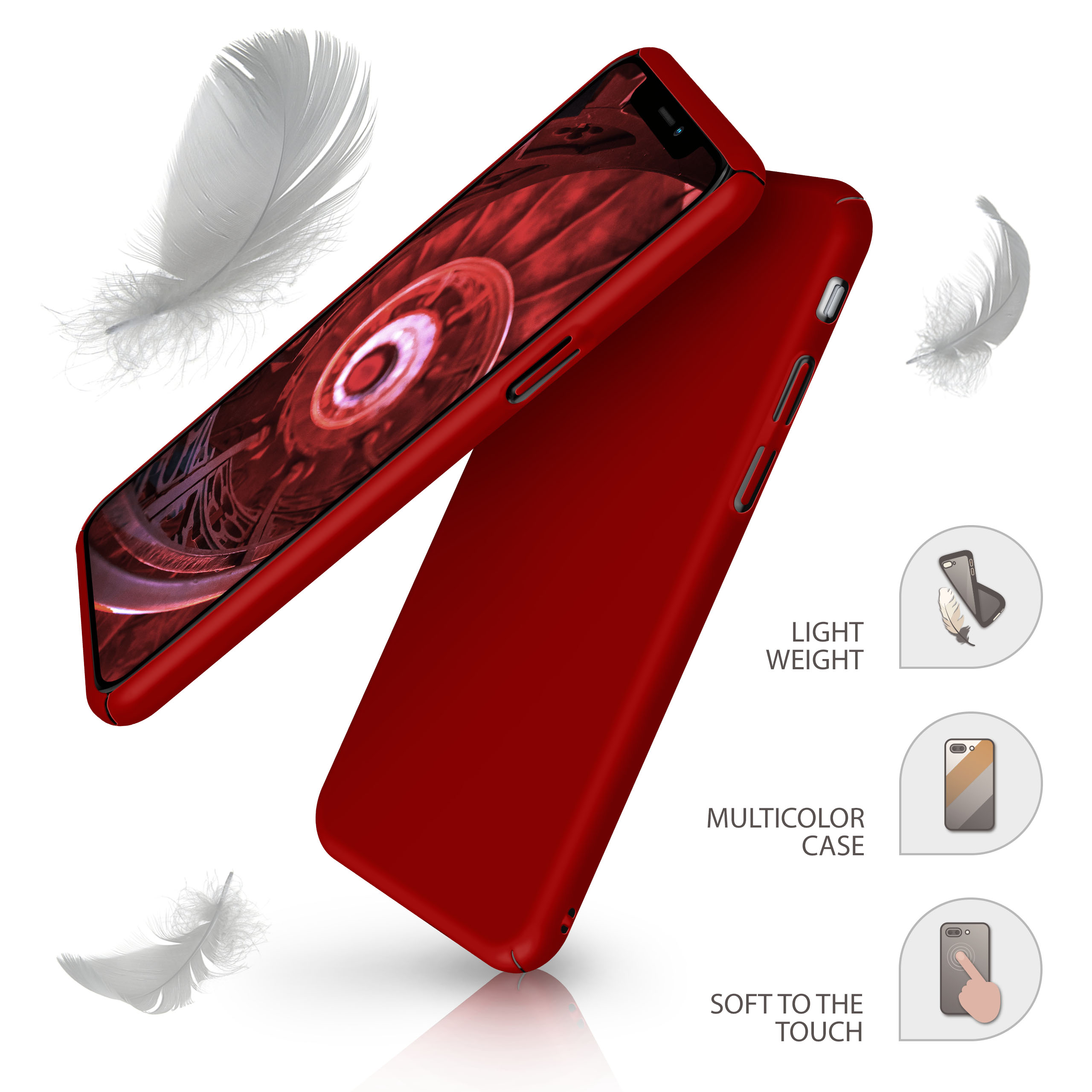 Rote Handyhülle mit Telefon und Federn. Symbole für leicht, mehrfarbig und weiche Haptik werden angezeigt.