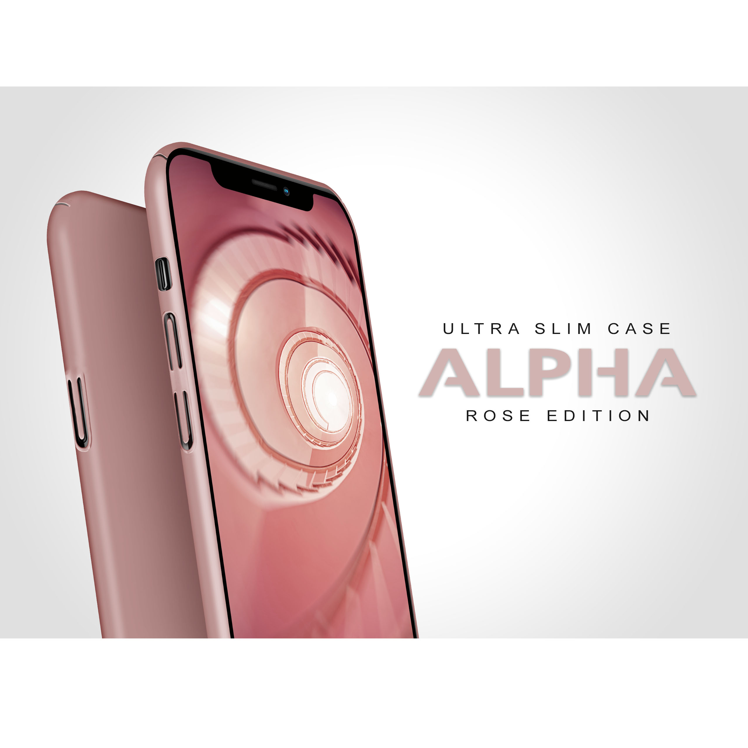 Rosa Handy und Hülle. Weißer Hintergrund. Text: Ultra Slim Case, Alpha Rose Edition. Telefondetail.