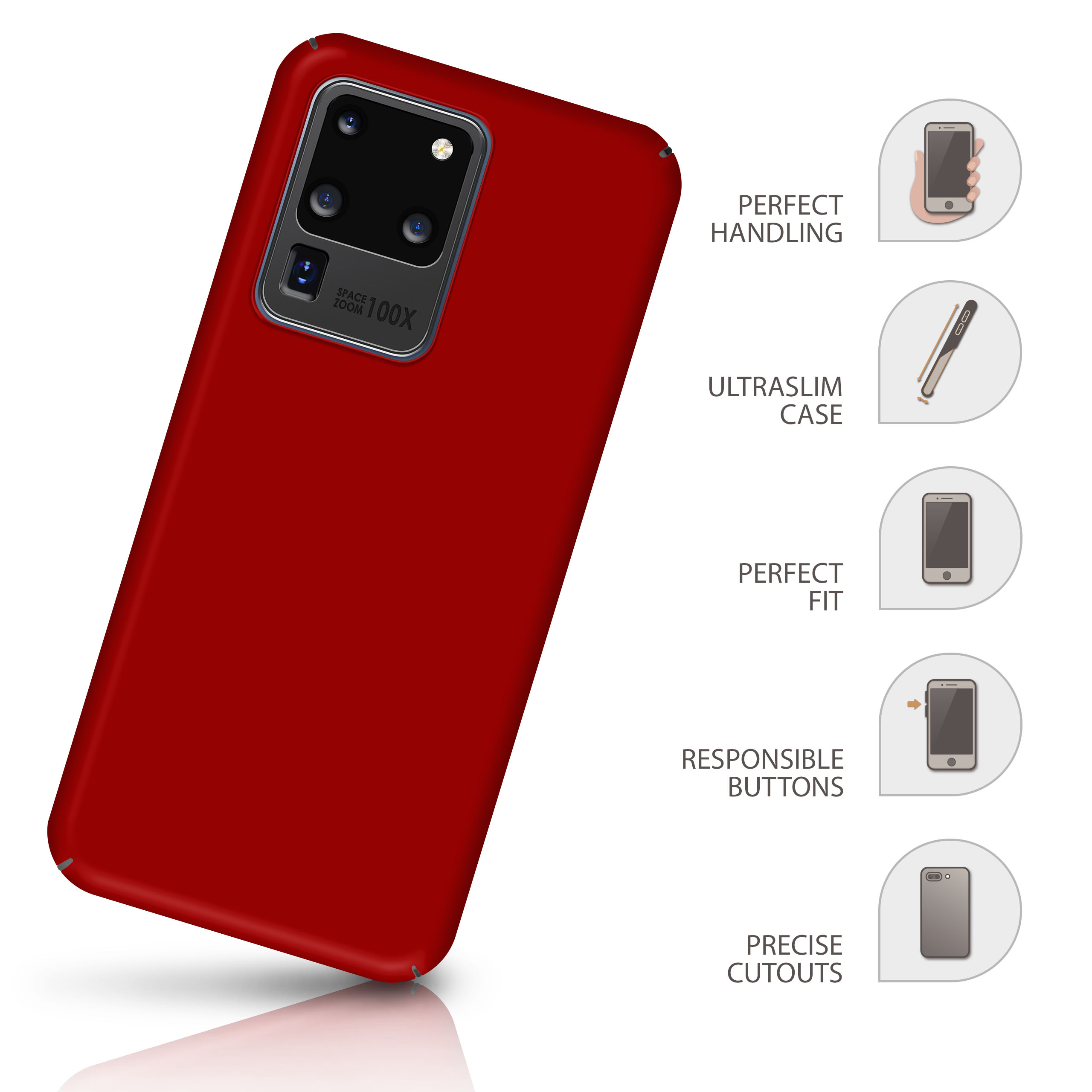Eine rote Handyhülle mit Symbolen für perfekte Handhabung, ultraschlanke Hülle und präzise Aussparungen.