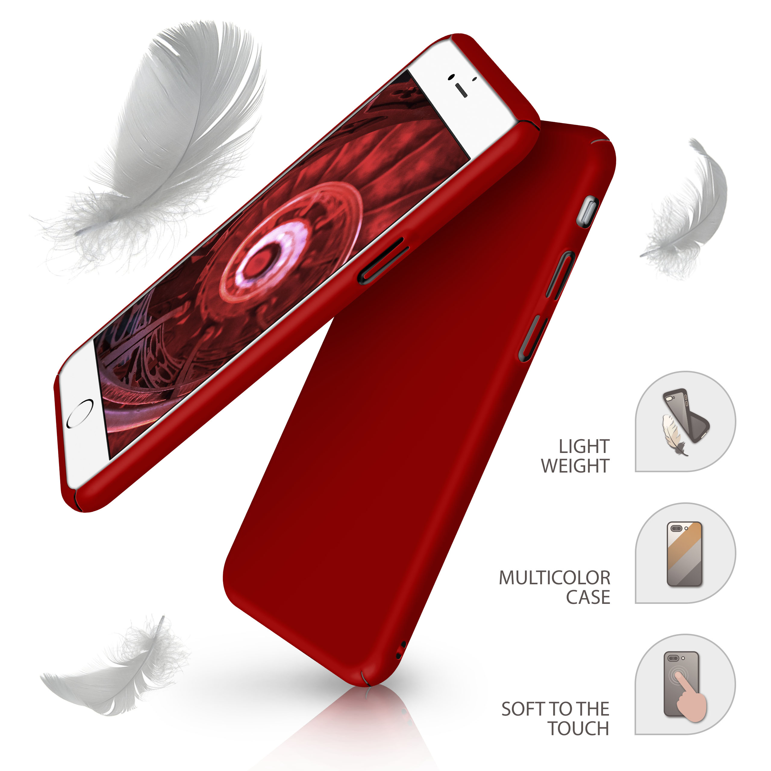 Rote Handyhülle mit Telefon, schwebt mit Federn. Das Design der Hülle wird im Detail gezeigt.