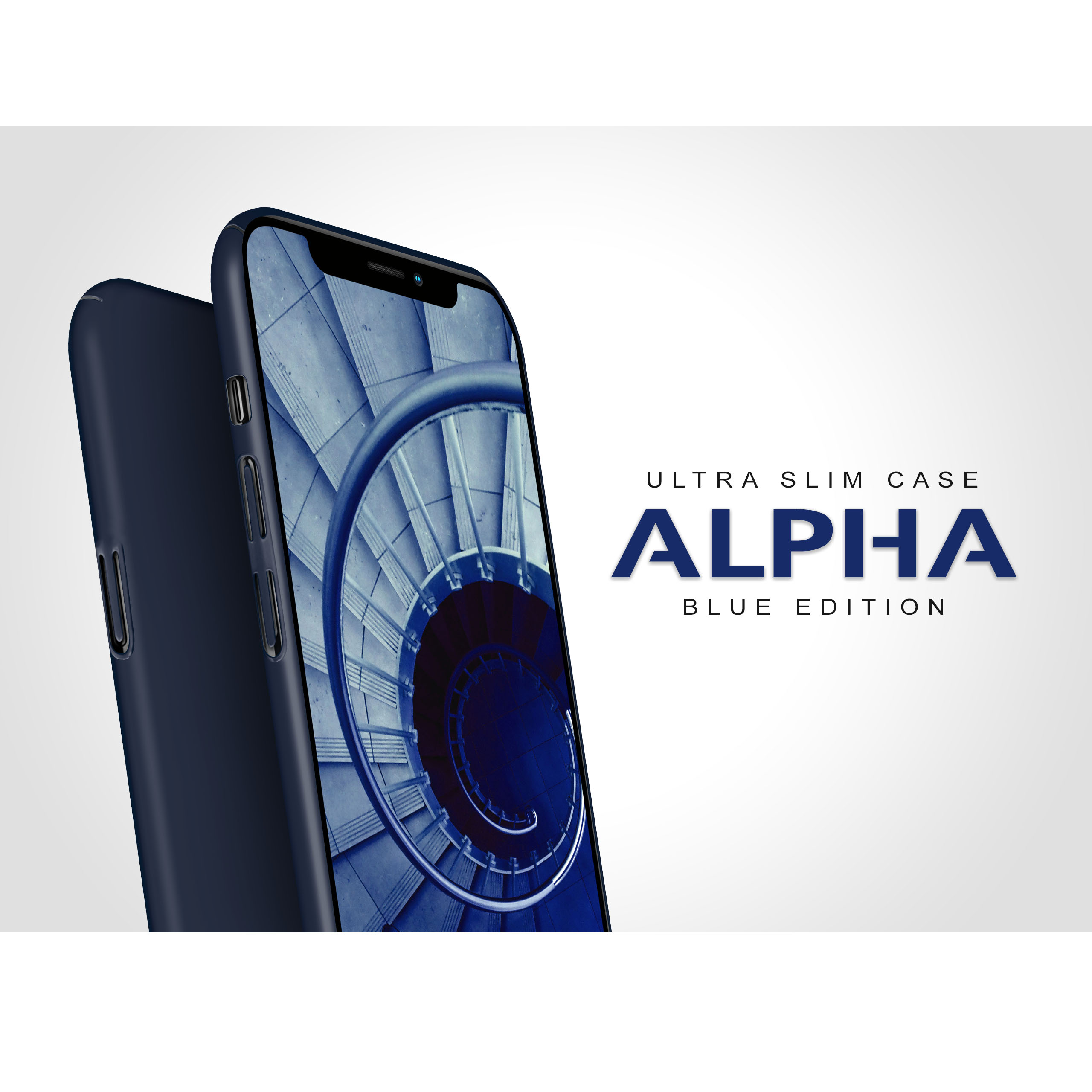Eine marineblaue Handyhülle mit einem Telefon, mit den Worten „ULTRA SLIM CASE ALPHA BLUE EDITION“.