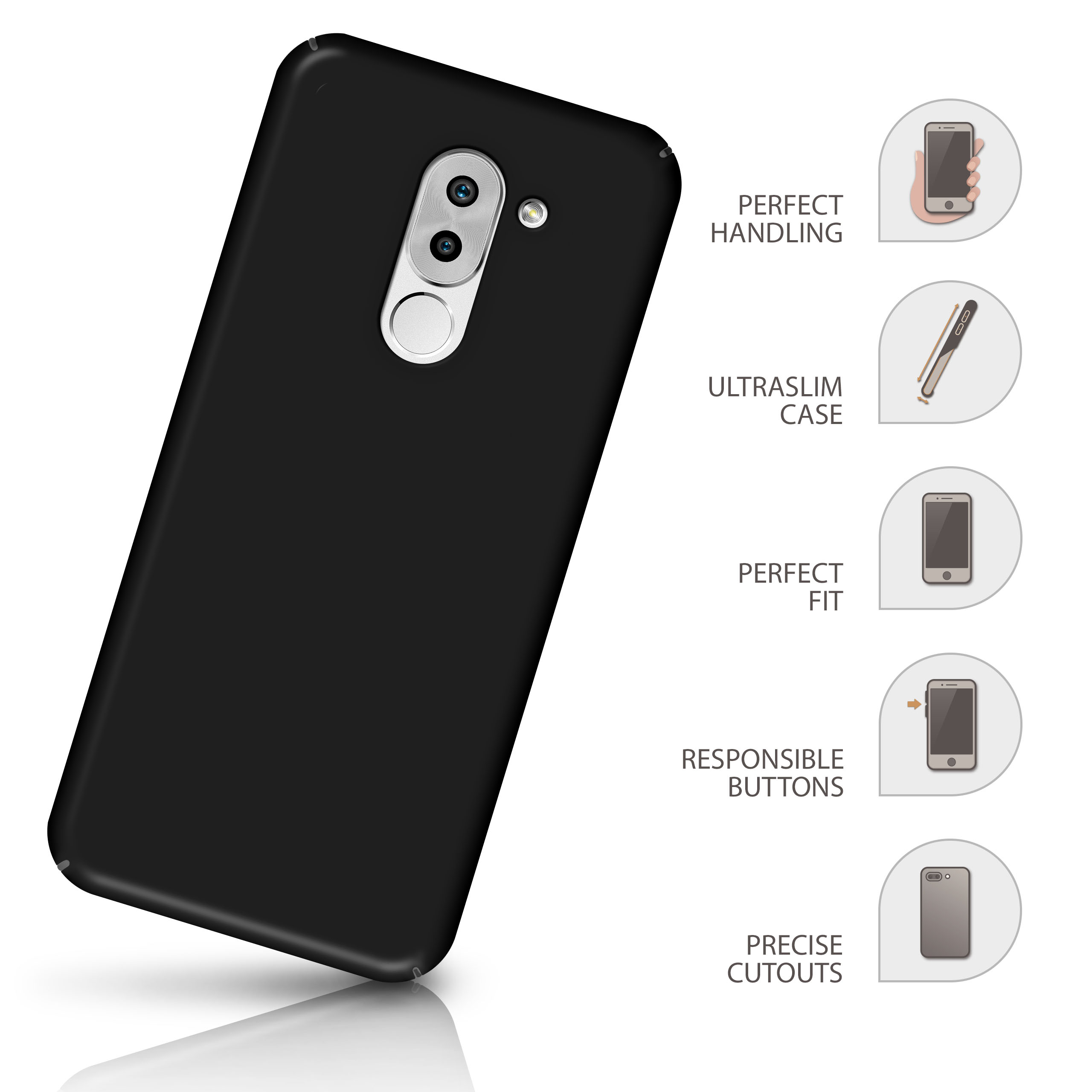Eine schwarze Telefonhülle. Text zeigt perfekte Handhabung, ultradünn, perfekte Passform, verantwortungsbewusste Tasten.